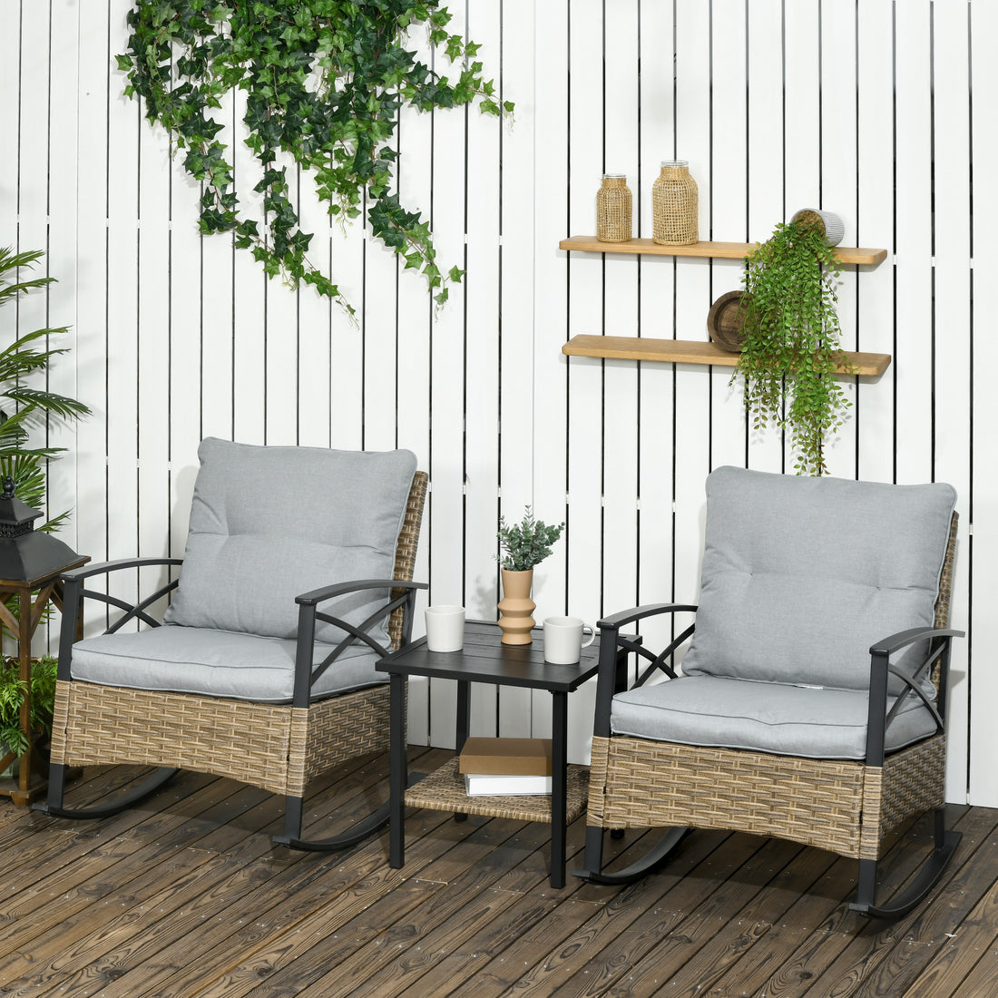 Outsunny 3 Piece Patio Rocking Chair Set, Outdoor Wicker Bistro Set With 2 Cushioned Porch Rockers And 2 Tier Coffee Table For Garden, Porch, Backyard, Light Gray Gray Steel