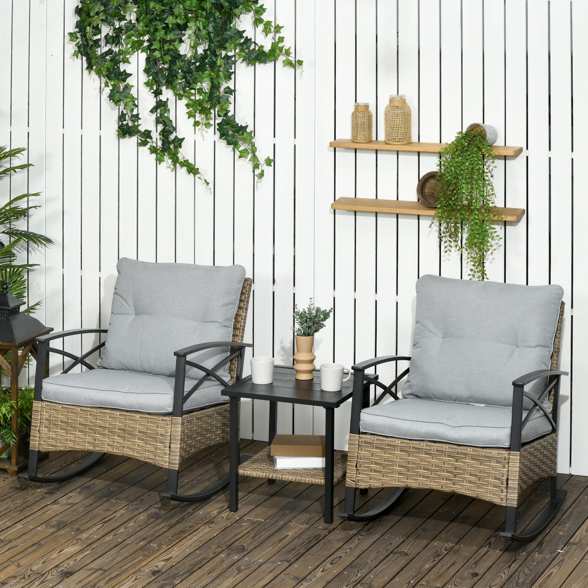 Outsunny 3 Piece Patio Rocking Chair Set, Outdoor Wicker Bistro Set With 2 Cushioned Porch Rockers And 2 Tier Coffee Table For Garden, Porch, Backyard, Light Gray Gray Steel