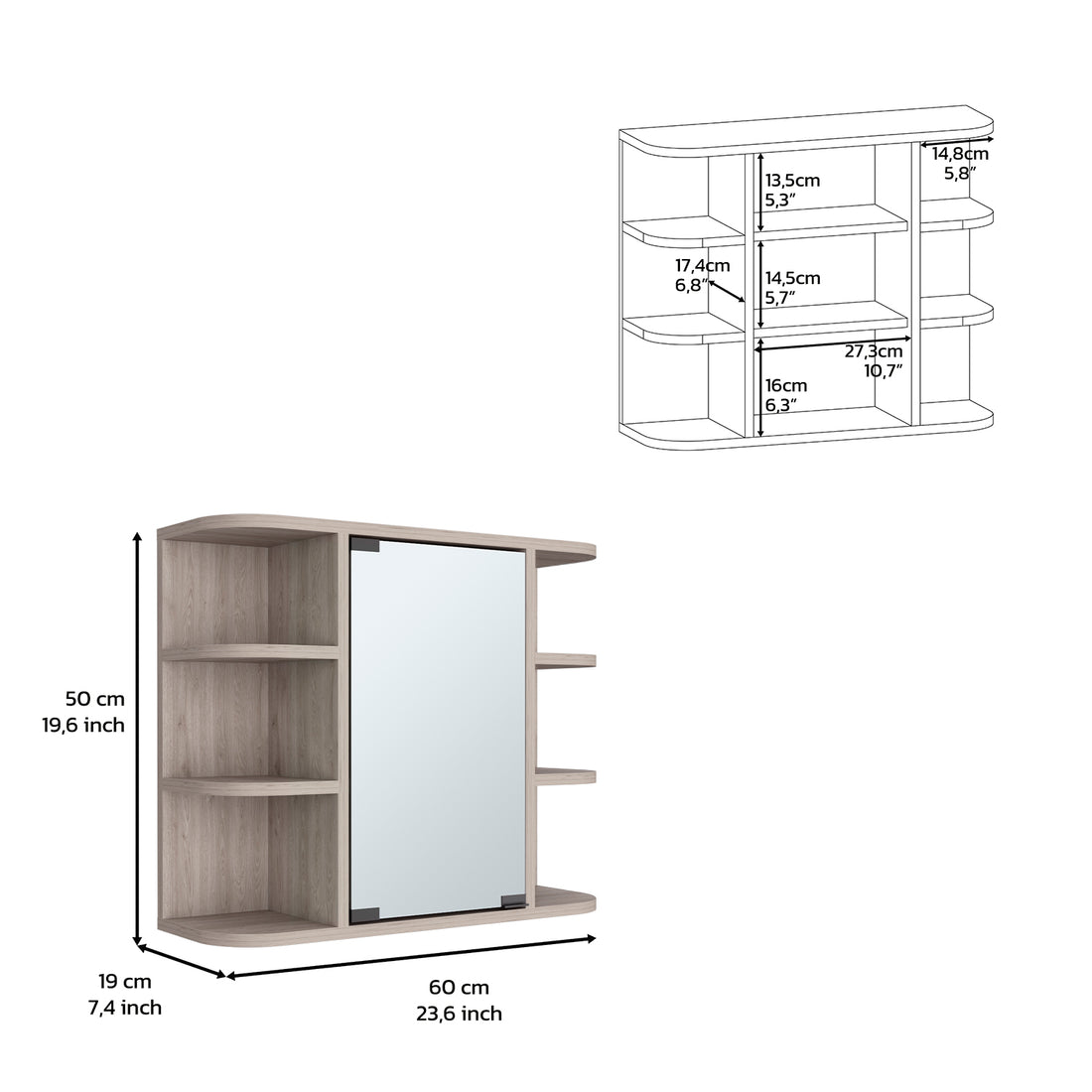 Mirrored 19H" Medicine Cabinet, Six External Shelves, Three Interior Shelves, Light Gray Gray Particle Board Particle Board