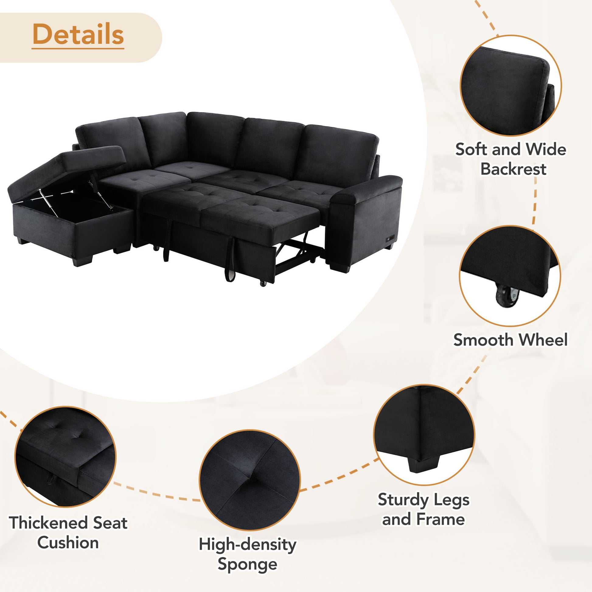 Sleeper Sectional Sofa, L Shape Corner Couch Sofa Bed With Storage Ottoman & Hidden Arm Storage & Usb Charge For Living Room Apartment, Black Black Velvet 4 Seat