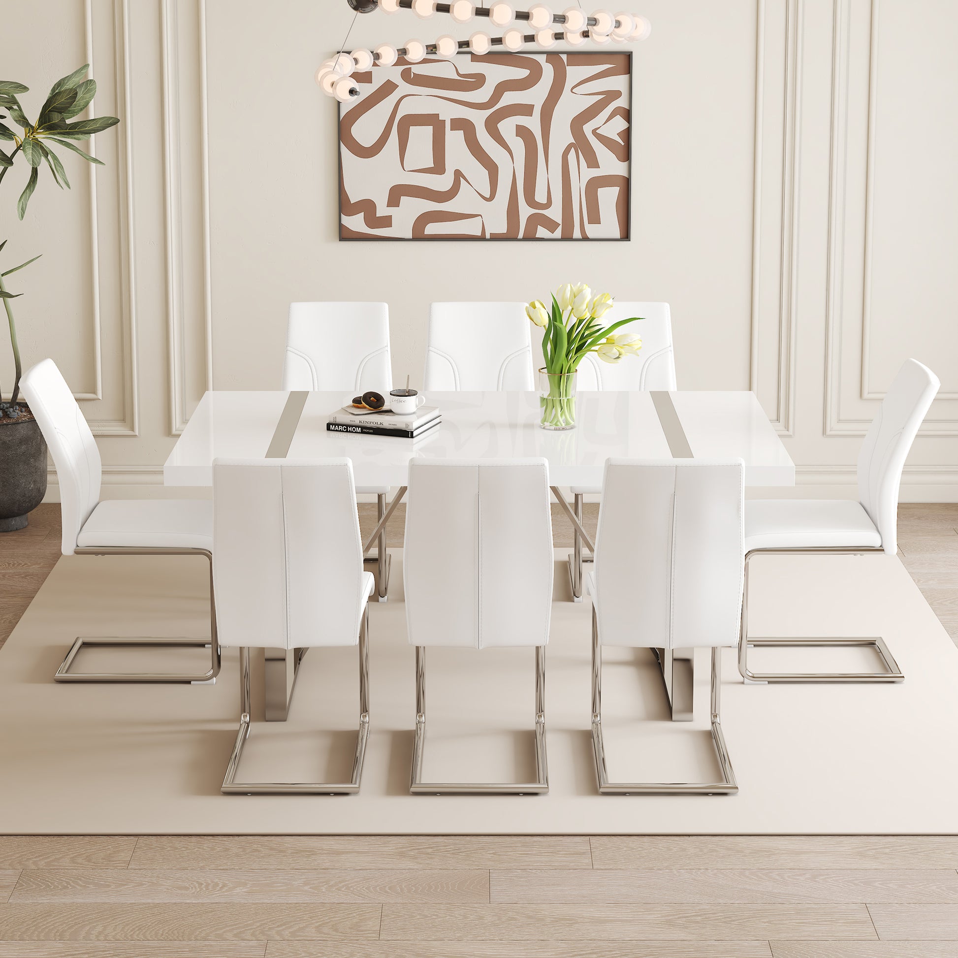 Table And Chair Set.71"X39.3" White Mdf Painting Dining Table Set With 8 White Pu Chairs.Showcasing A Modern And Stylish Look.Suitable For Dining Room.Mdf Painting,Iron Pipe Plating,Pu Chiairs.