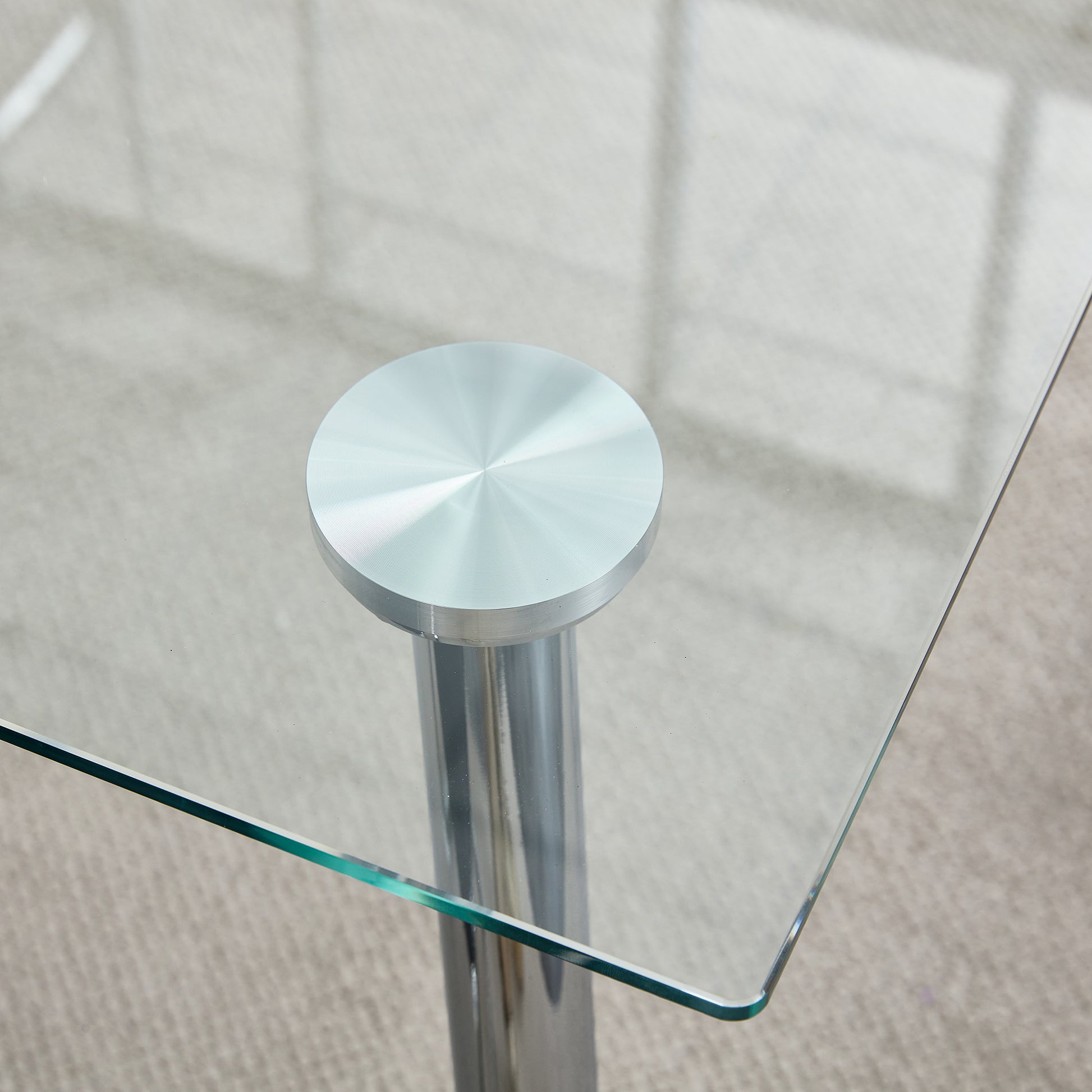 Table And Chair Set.Rectangular Dining Table With Tempered Glass Tabletop And Silver Plating Metal Legs.Paired With 6 Checkered Armless High Back White Chairs With Electroplated Metal Legs. White Seats 6 Glass Metal