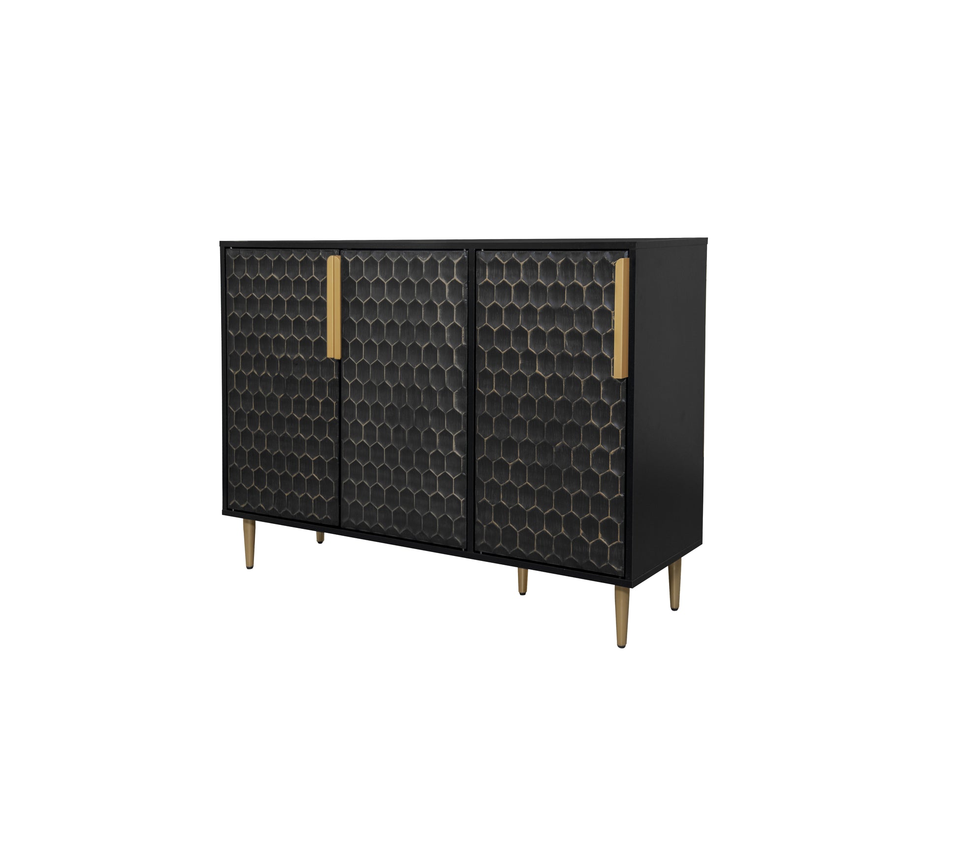 3 Door Storage Cabinet,Buffeet Sideboard With Adjustable Shelves,Honeycomb Seamless Hexagons Pattern Metal Door For Living Room,Dinging Room,Kitchen,Entrance Black Modern Iron,Particle Board Mdf