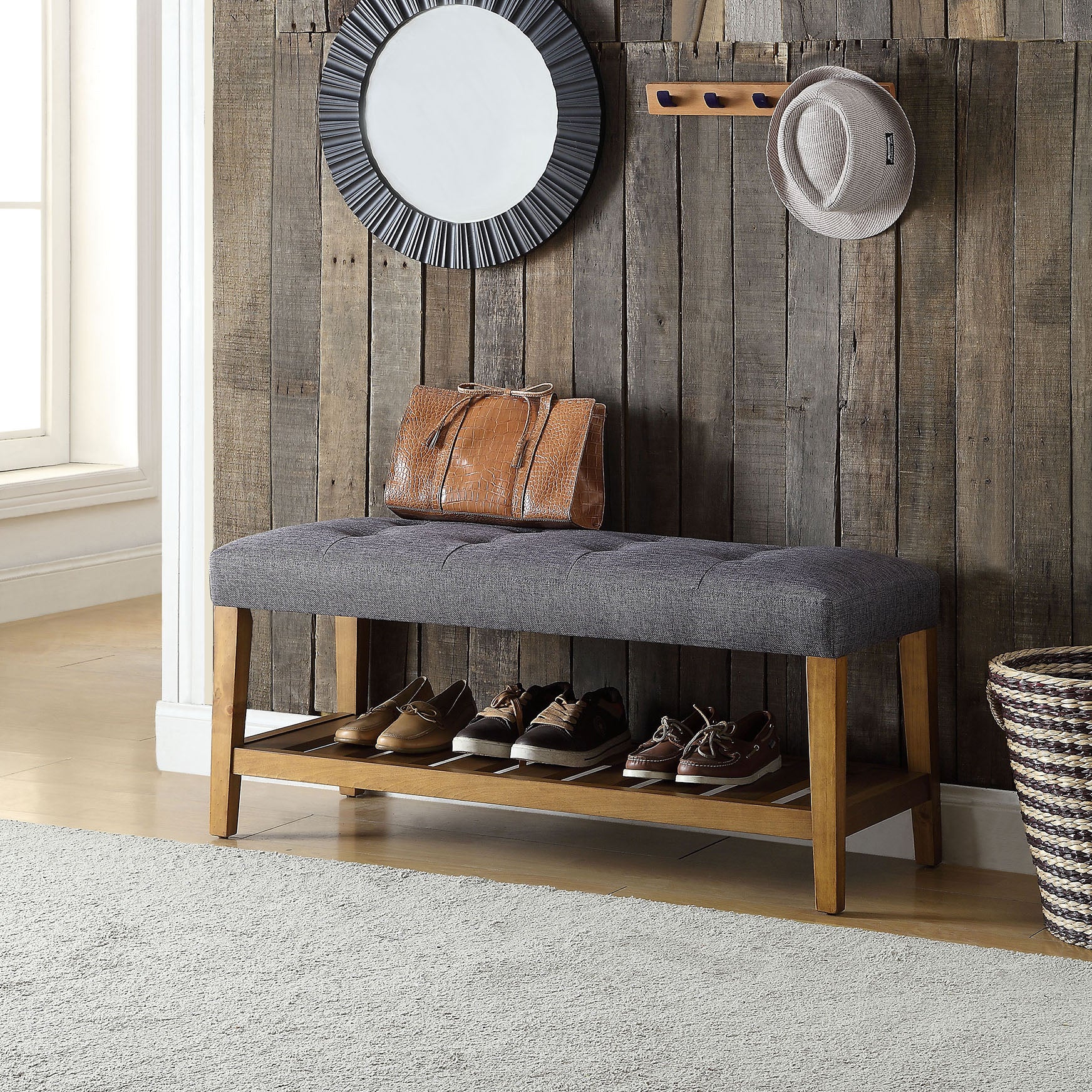 Grey And Oak Tufted Padded Seat Bench Grey Brown Bedroom Grey Traditional Shelves Wood Fabric