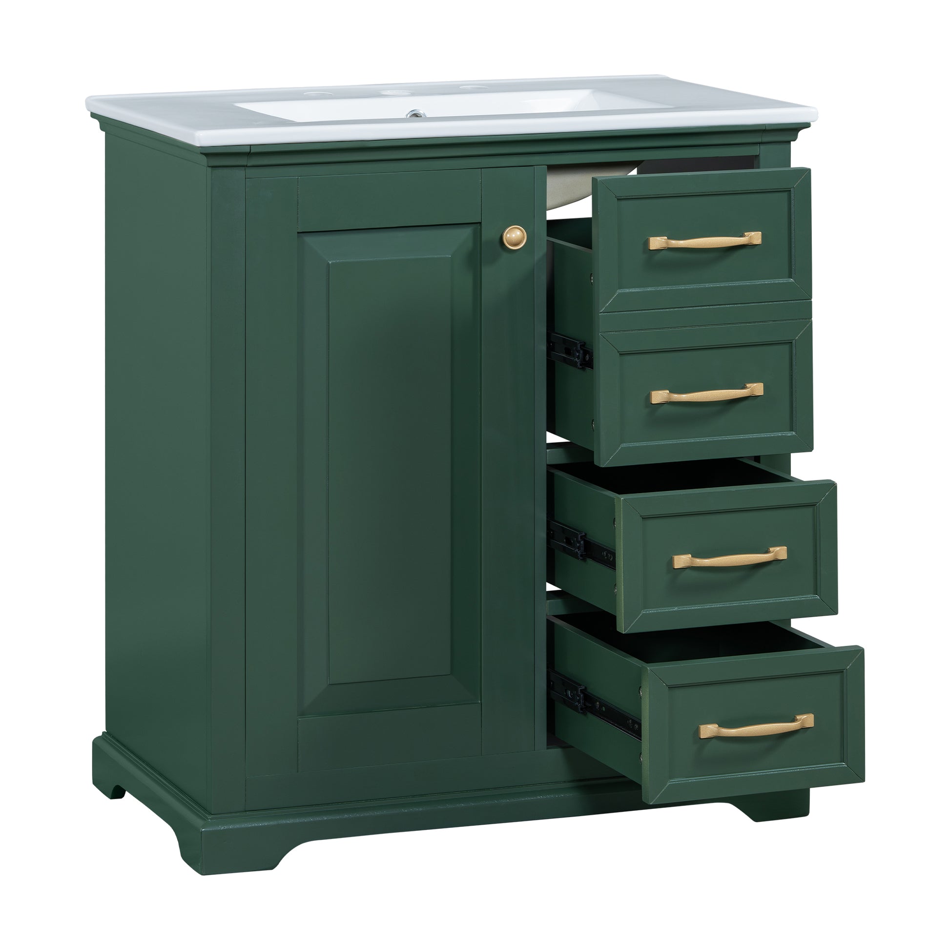 30" Bathroom Vanity With Sink, One Package, Green Bathroom Cabinet With Drawers, Solid Frame And Mdf Board Green Solid Wood Mdf