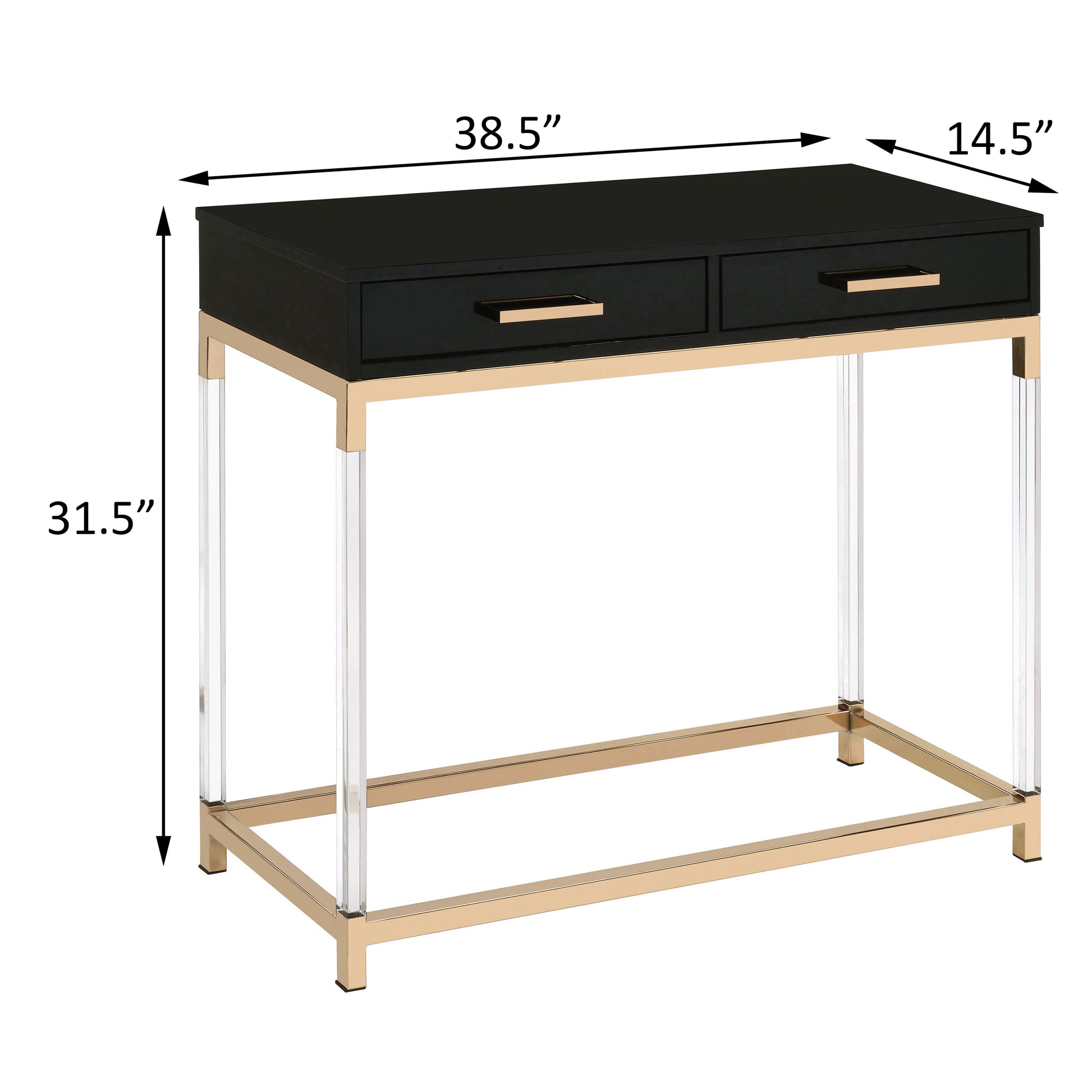 Black High Gloss And Gold Console Table With 2 Drawers Black Gold Primary Living Space Modern Drawers Rectangular Wood Metal