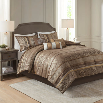7 Piece Jacquard Comforter Set Brown Gold Queen Queen Brown Gold Polyester