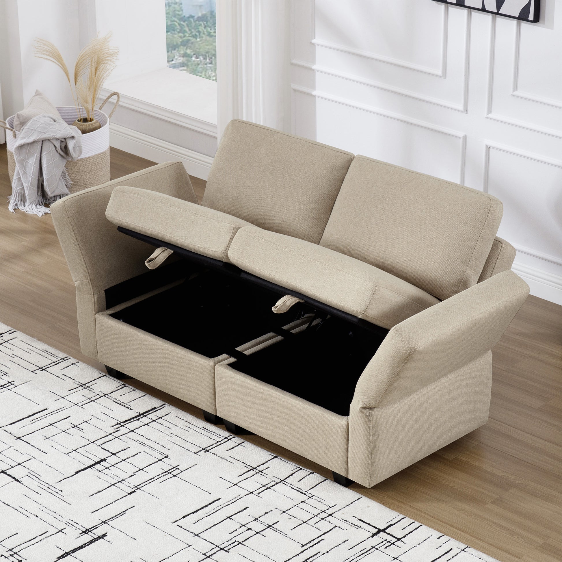 Contemporary Modern Chic Upholstered Fabric Sofa With Storage Seats And Storage Ottomans, 2 Seater Sofa Fabric Couch With Adjustable Arms And Backs For Living Room Beige Beige Polyester 2 Seat
