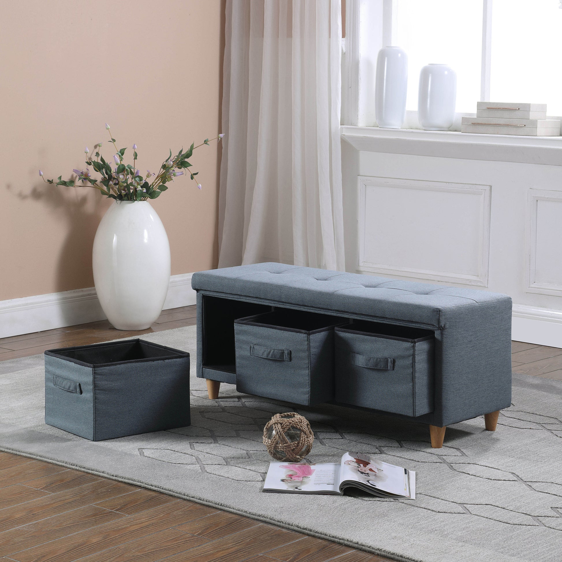 17.5" Magnolia Blue Gray Tufted Bench W Storage Basket Drawers Blue Gray Polyester