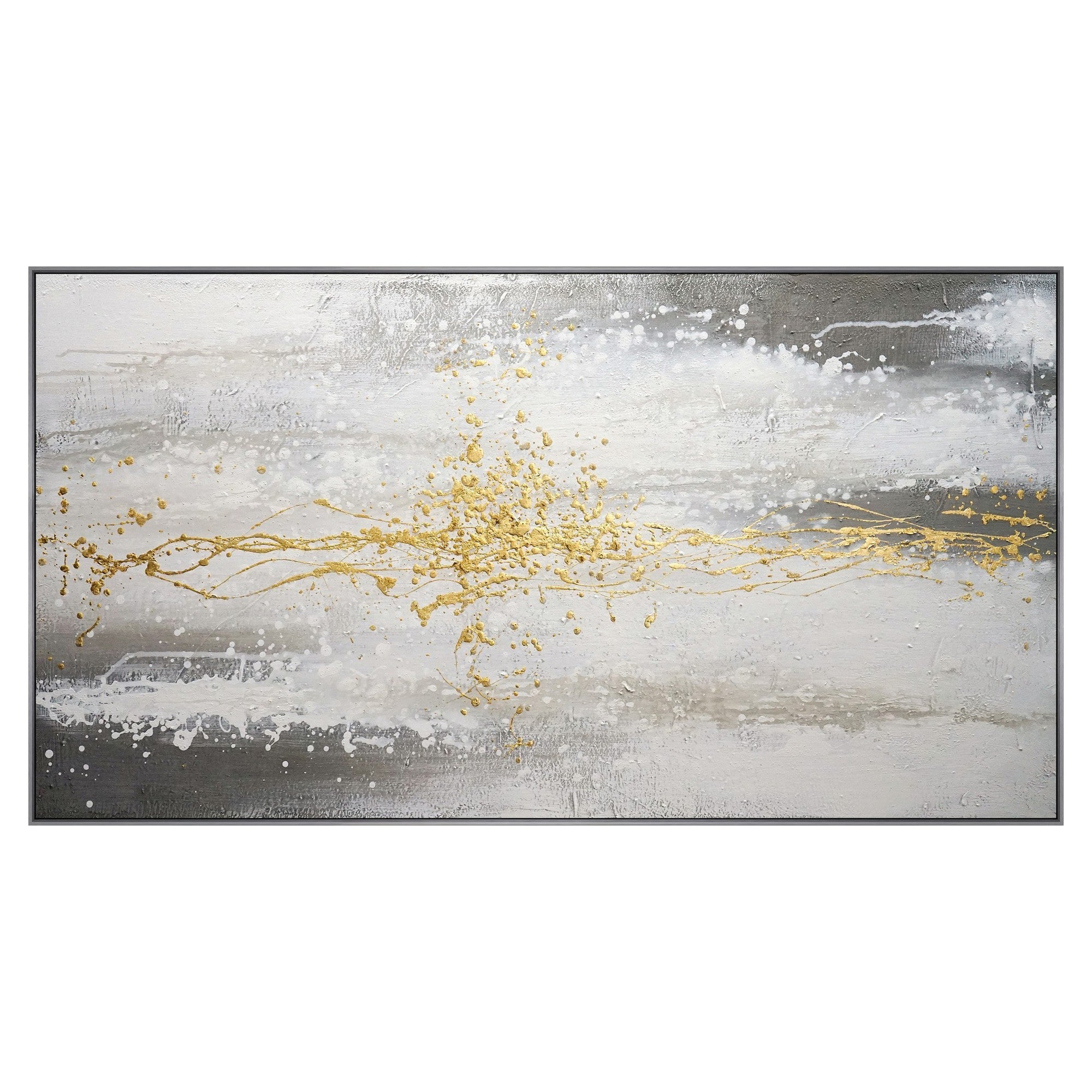 32 X 59 Hand Painted Abstract Painting, Framed, Black, White With Gold Foil White Gray Wood