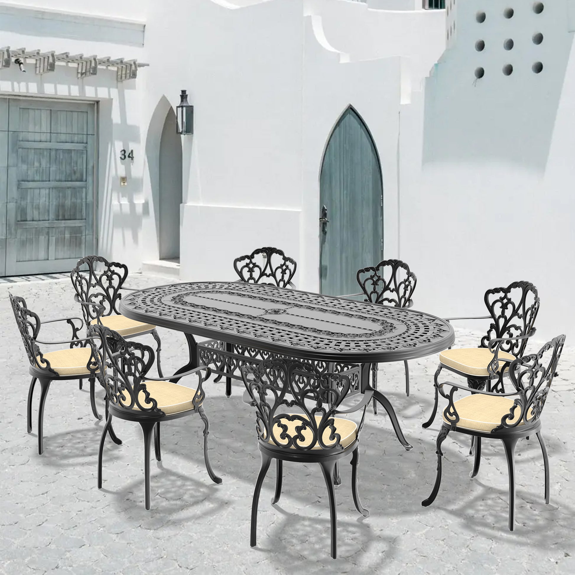 Cushions In Random Colors 9 Piece Set Of Cast Aluminum Patio Furniture With Cushions Yes Dining Set Black Seats 8 Rust Resistant Frame Water Resistant Cushion Garden & Outdoor Complete Patio Sets Aluminium