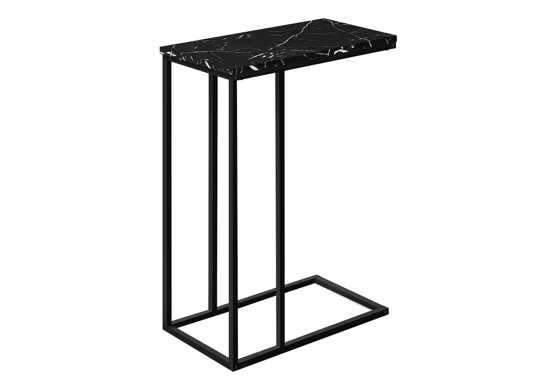 Accent Table, C Shaped, End, Side, Snack, Living Room, Bedroom, Black Marble Look Laminate, Black Metal, Contemporary, Modern Black Particle Board