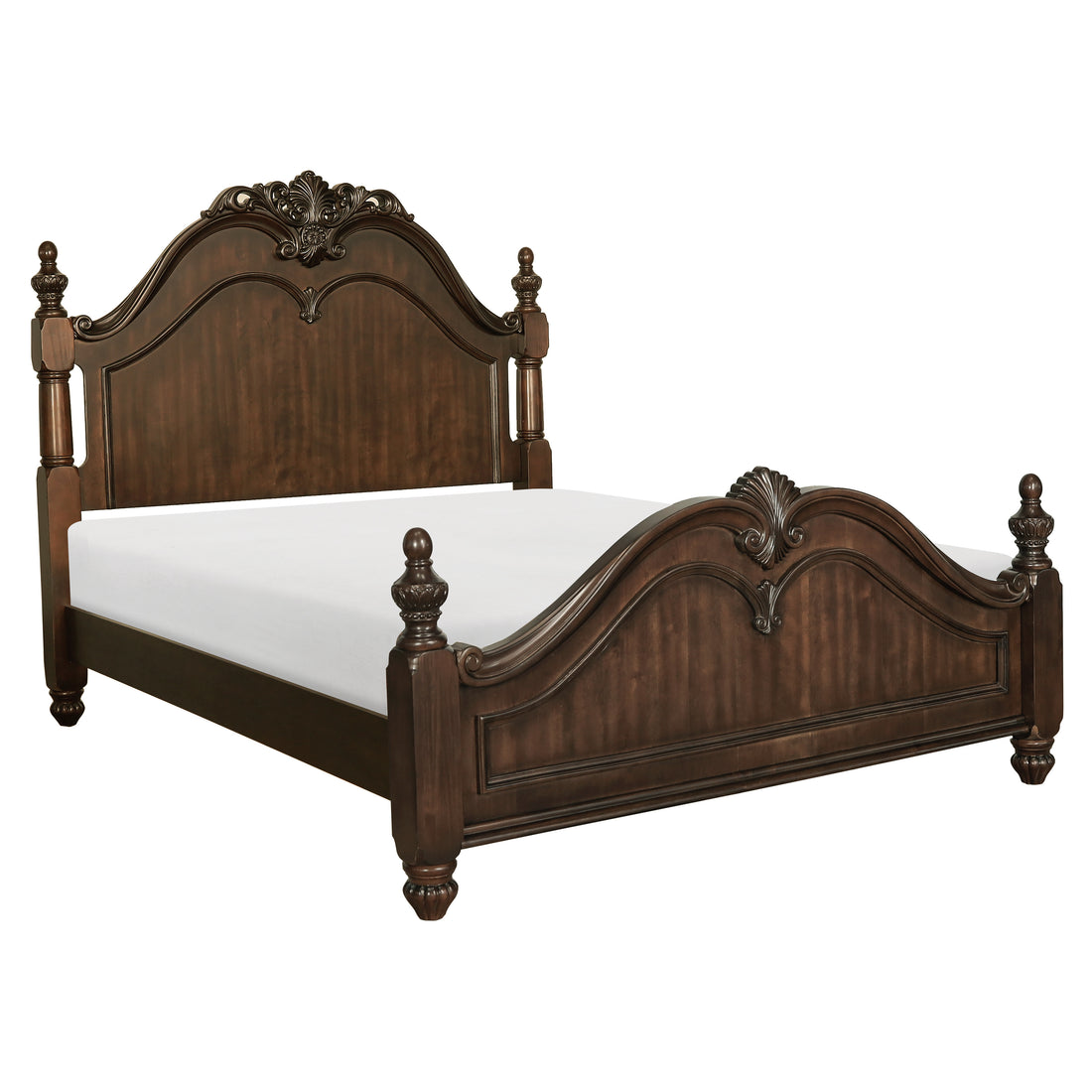 Classic Traditional Queen Bed Carved Finials Dark Cherry Finish Bedroom Furniture 1Pc Louis Philippe Style Box Spring Required Queen Cherry Wood Bedroom Panel Wood