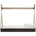 Pipa Modern Twin Size Bed, Crossed Wood A Frame Tent Stand, Jet Black Base Brown Wood