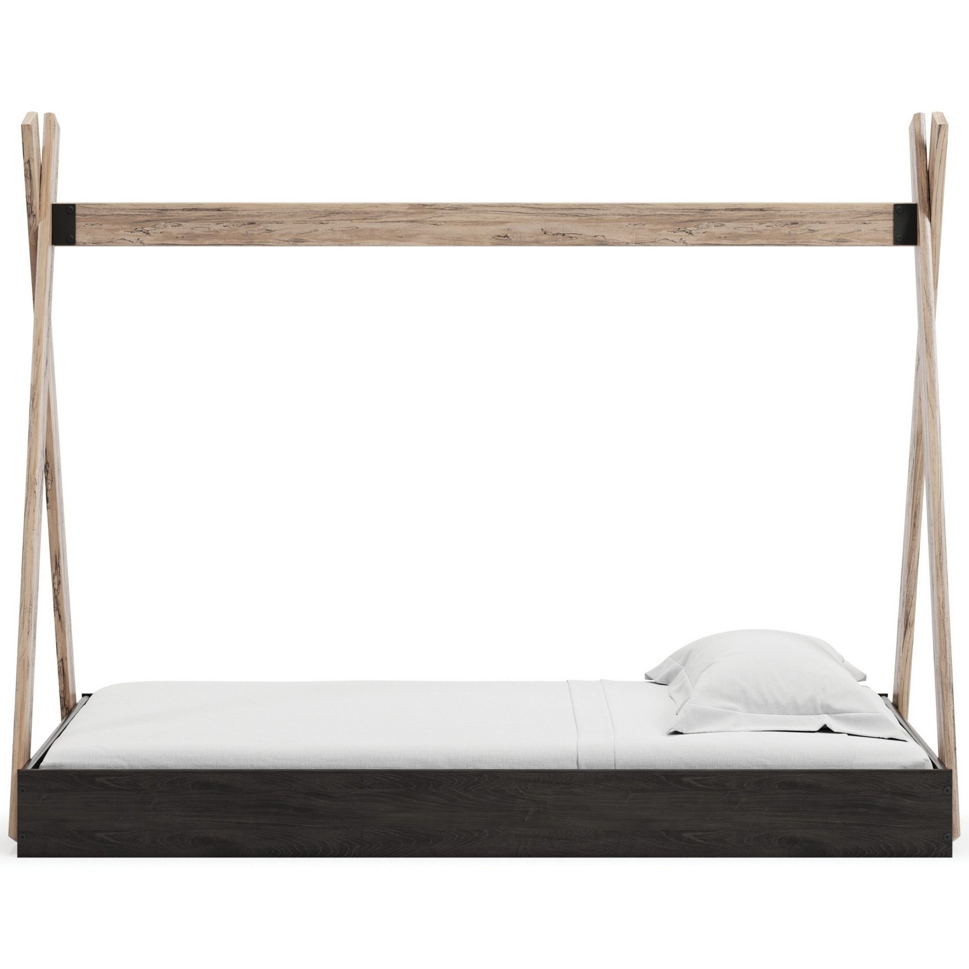 Pipa Modern Twin Size Bed, Crossed Wood A Frame Tent Stand, Jet Black Base Brown Wood