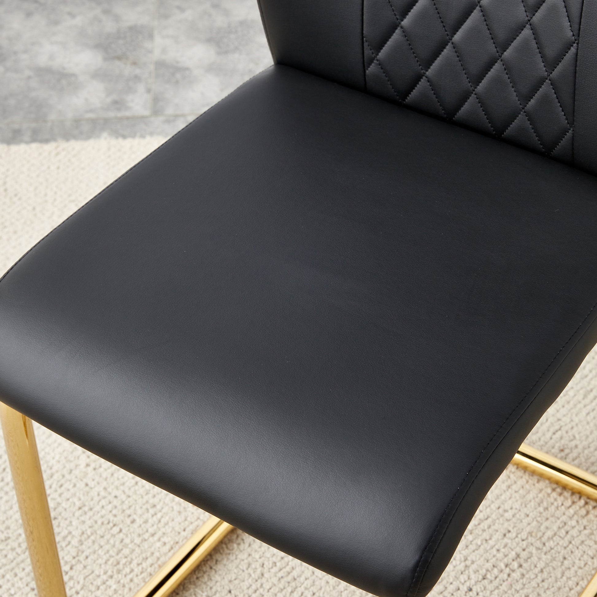 Table And Chair Set, The Table Is Equipped With A Marble Patterned Mdf Tabletop And Gold Table Legs.Dining Chairs,Gold Legged Upholstered Chairs Made Of Artificial Leather. Black Gold Seats 6 Mdf