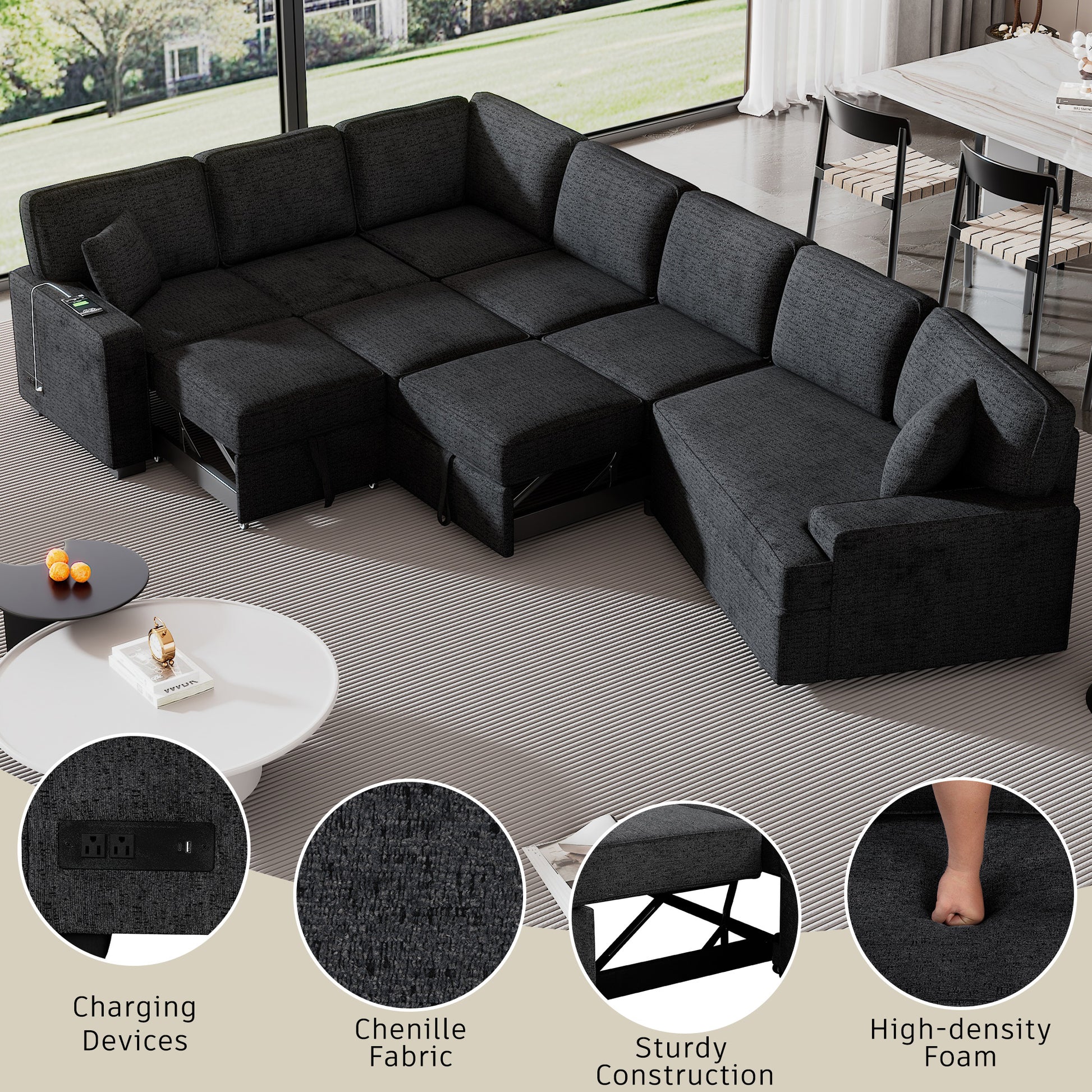 126" L Shaped Sofa Sectional Sofa Couch Pull Out Sofa Bed With Charging Devices And Cup Holders For Living Room, Blue Black Black Blue Foam Chenille 6 Seat