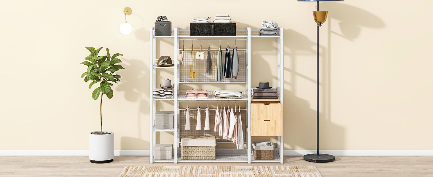 Open Style Wardrobe With Hanging Rails, Shelves And Drawers, White White Metal & Wood