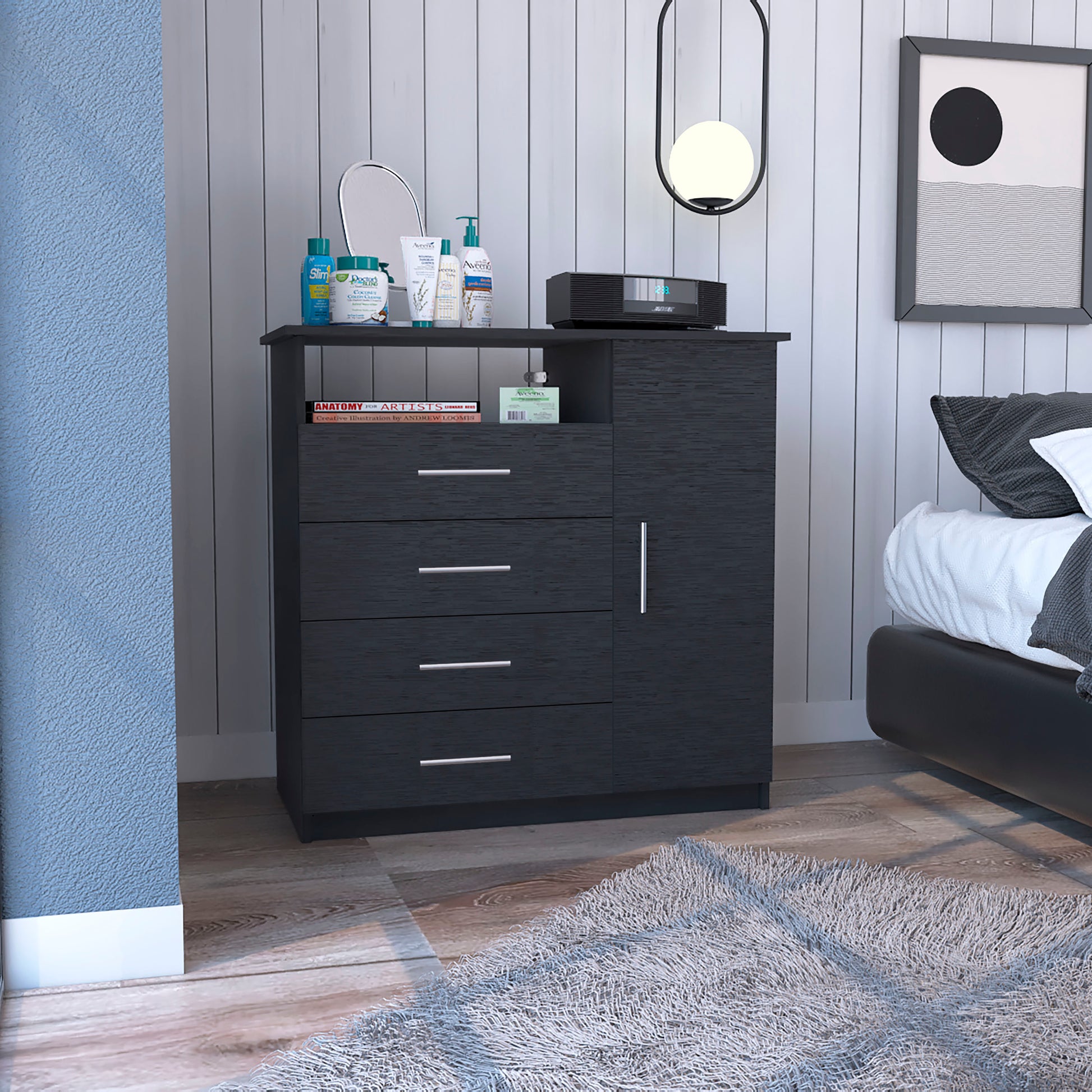 4 Drawer Dresser, One Open Shelf, Superior Top, Single Door Cabinet, Black Black Solid Wood Mdf Engineered Wood