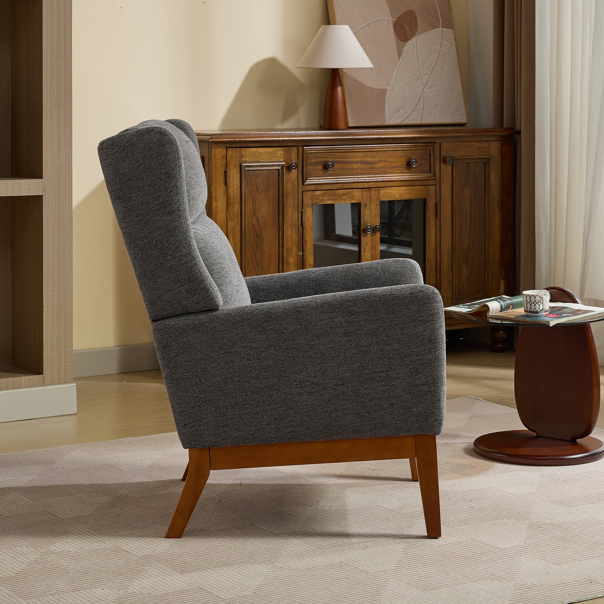 26.18" Wide Modern Accent Chair,Polyester Blend High Back Reading Chair ,Upholstered Armchair Club Chair,Single Sofa With Wood Legs For Living Room,Bedroom,Reading Room,Office,Charcoal Charcoal Foam