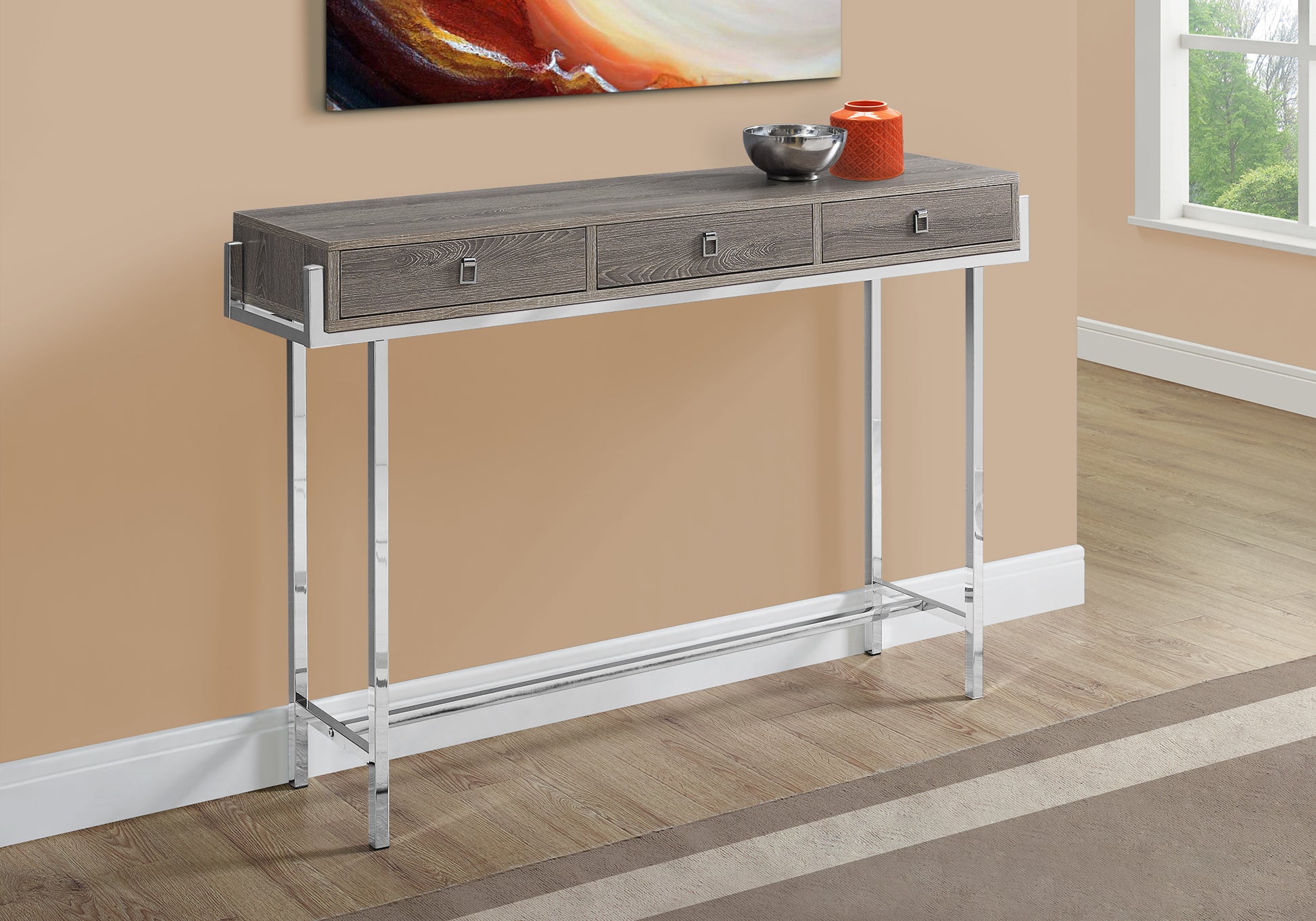 Accent Table, Console, Entryway, Narrow, Sofa, Storage Drawer, Living Room, Bedroom, Brown Laminate, Chrome Metal, Contemporary, Modern Taupe Particle Board