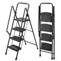 Four Step Ladder, Lightweight Folding Four Step Stool, Wide Anti Slip Pedal And Safety Handle, Sturdy Steel Ladder, Multi Purpose Step Ladder, Suitable For Home, Kitchen, And Office Elevators Black Iron Plastic