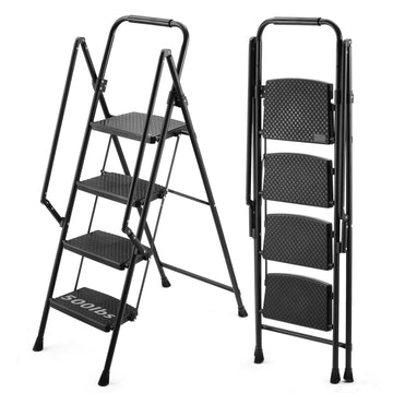 Four Step Ladder, Lightweight Folding Four Step Stool, Wide Anti Slip Pedal And Safety Handle, Sturdy Steel Ladder, Multi Purpose Step Ladder, Suitable For Home, Kitchen, And Office Elevators Black Iron Plastic