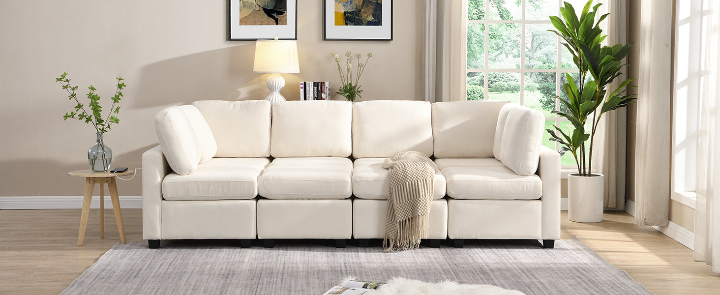 103" Sectional Sofa Couch Sofa Bed U Shaped Sofa With Two Movable Ottoman And Three Usb Ports For Living Room, Beige Beige Foam Chenille 6 Seat