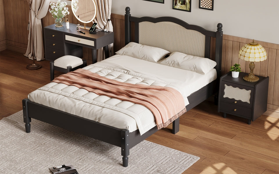 Full Size Wooden Platform Bed With Natural Rattan Headboard, Vintage Bed Frame With Wooden Slat Support, Black Box Spring Not Required Full Black Wood