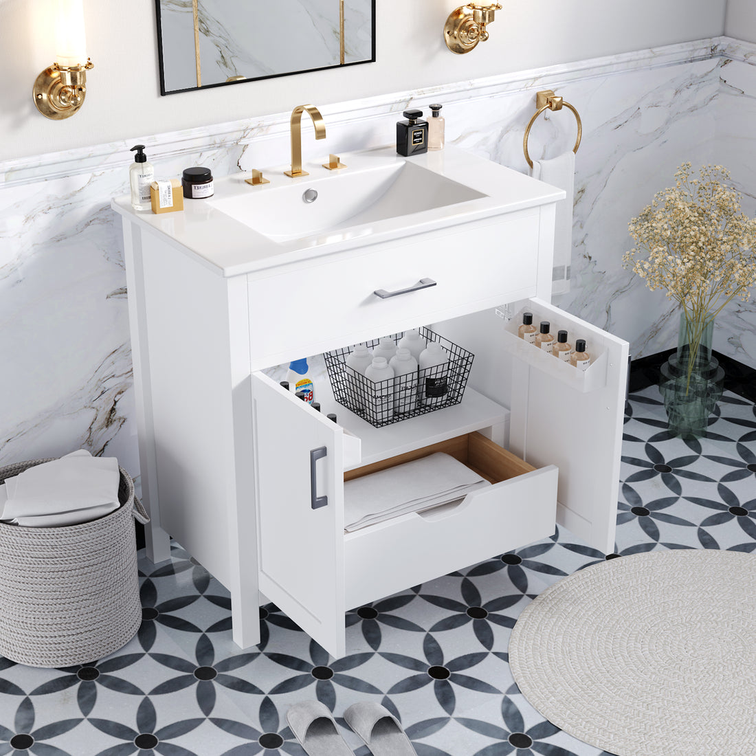 30 Inch Bathroom Vanity With Ceramic Sink And Large Storage The Perfect Choice For Small Bathrooms White Bathroom Solid Wood Mdf