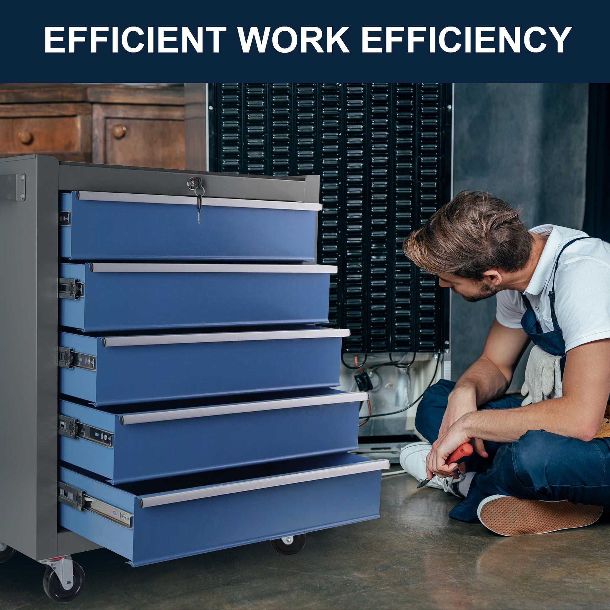 High Capacity Rolling Tool Chest With Wheels And Drawers, 5 Drawer Tool Storage Cabinet Blue Grey Iron