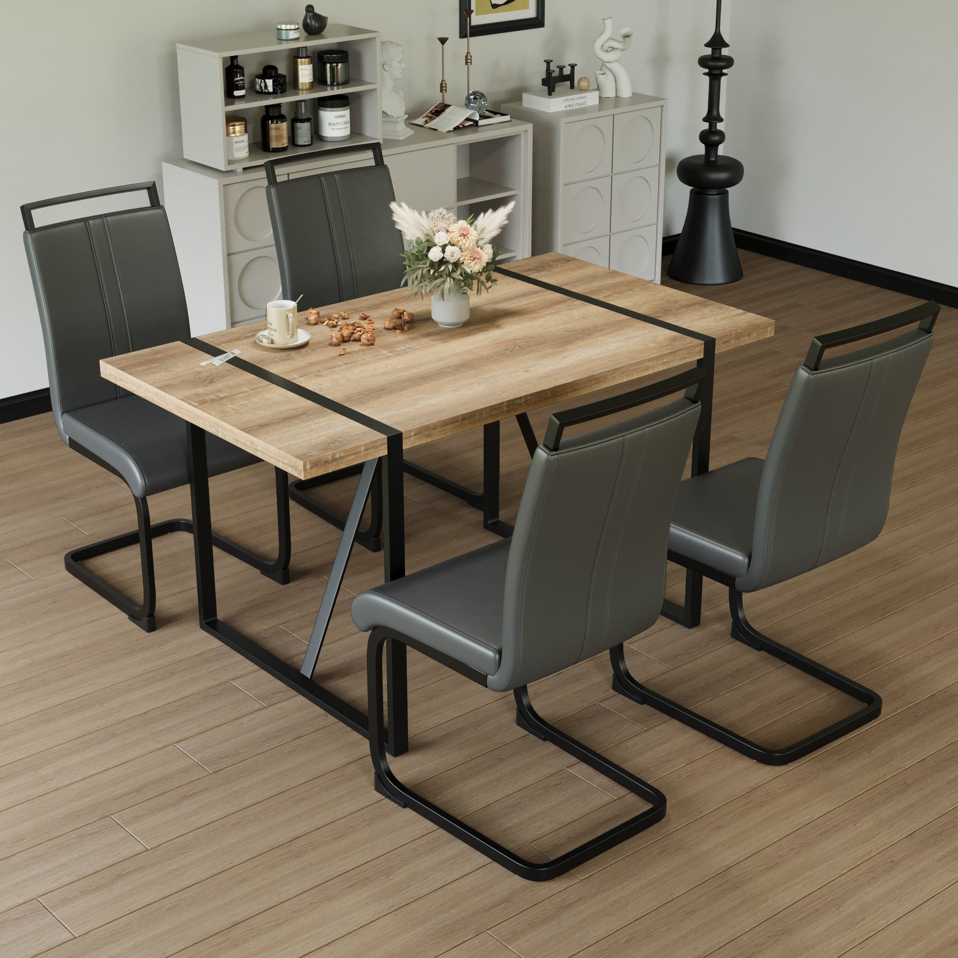 55 " Rural Industrial Rectangular Mdf Wood Dining Table Set And Pu Armless Dining Chair Set 4,Kitchen Black Metal Table Legs Dining Table And Chair Set Wood Seats 4 Mdf