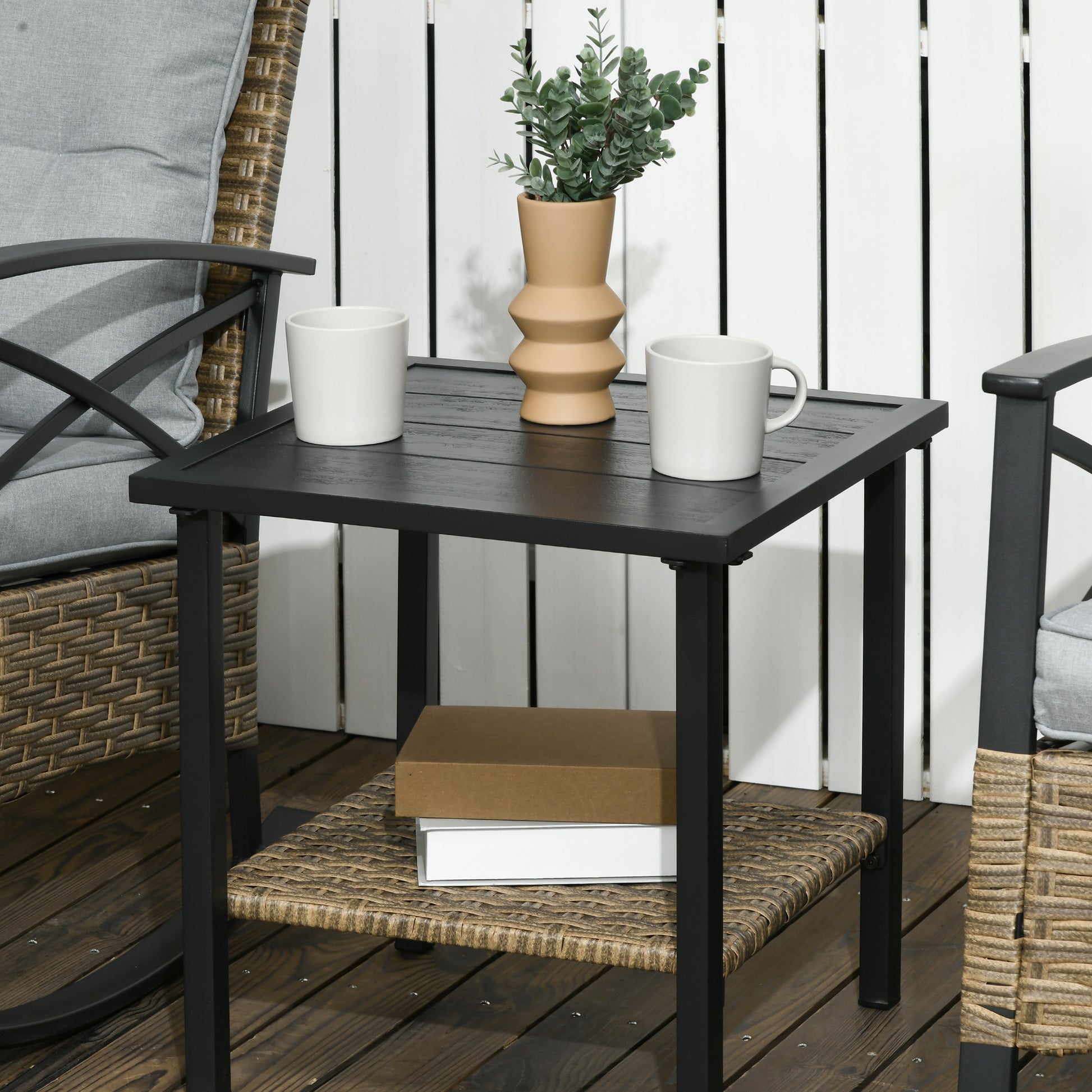 Outsunny 3 Piece Patio Rocking Chair Set, Outdoor Wicker Bistro Set With 2 Cushioned Porch Rockers And 2 Tier Coffee Table For Garden, Porch, Backyard, Light Gray Gray Steel