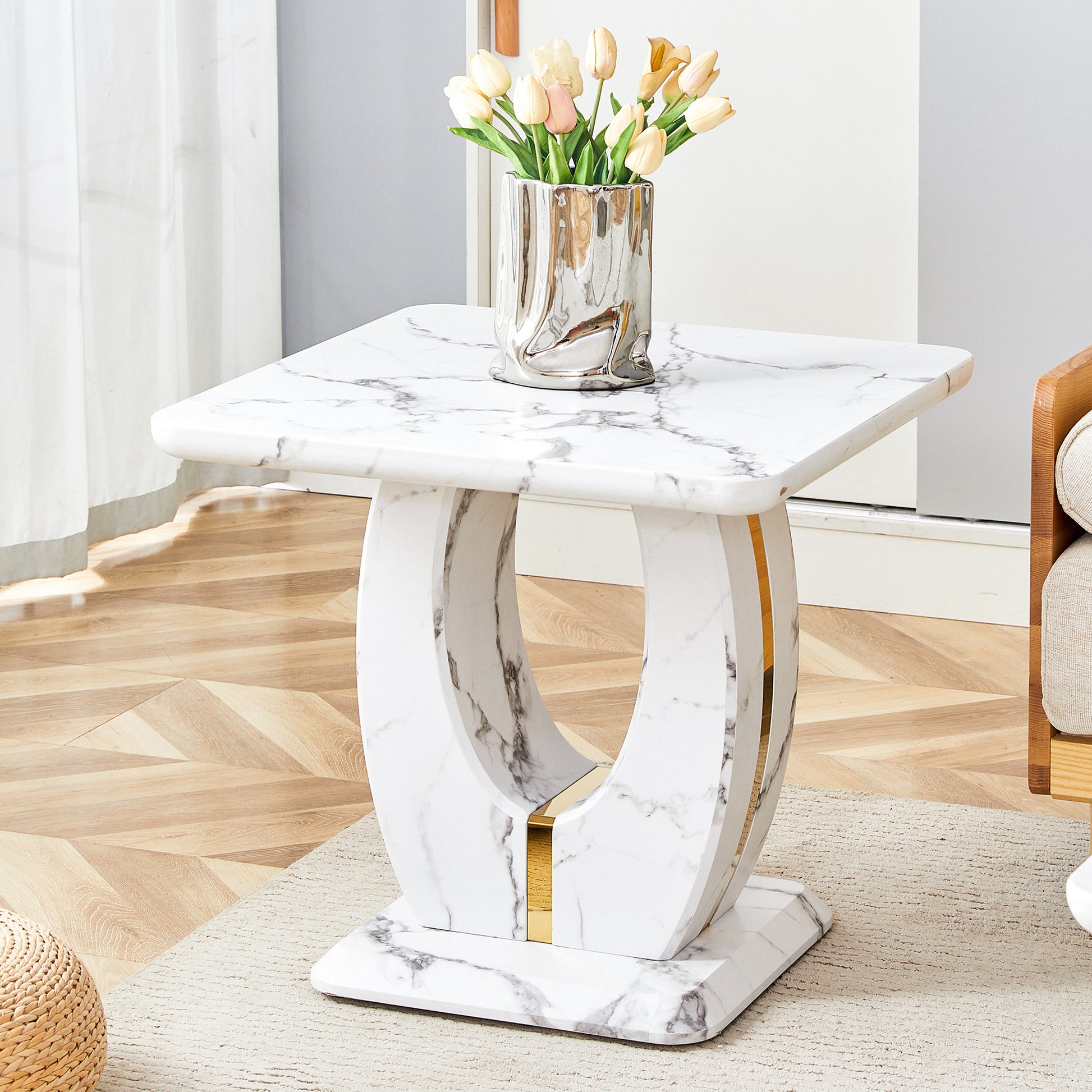 Modern Minimalist White Marble Patterned Mdf Square Coffee Table. Add A Quiet And Cozy Atmosphere To Your Home.White,Mdf Coffee Table,Density Board Sticker,Side Table. White Mdf