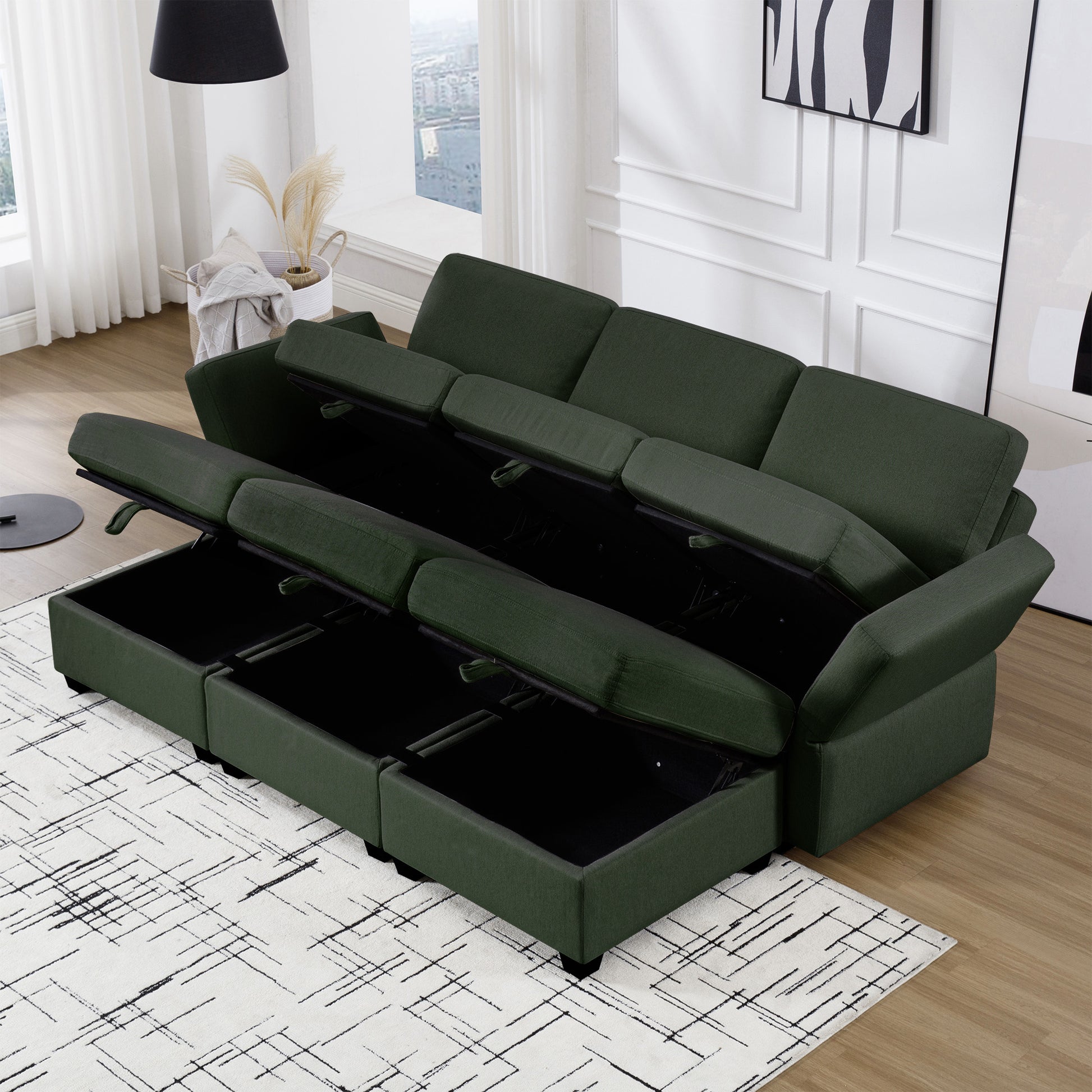Modular Sectional Sofa Couch Bed With Storage 6 Seater, Sleeper Sofa Bed Couch With Reversible Chaise Ottomans, Adjustable Arms And Backs Green Green Polyester 3 Seat