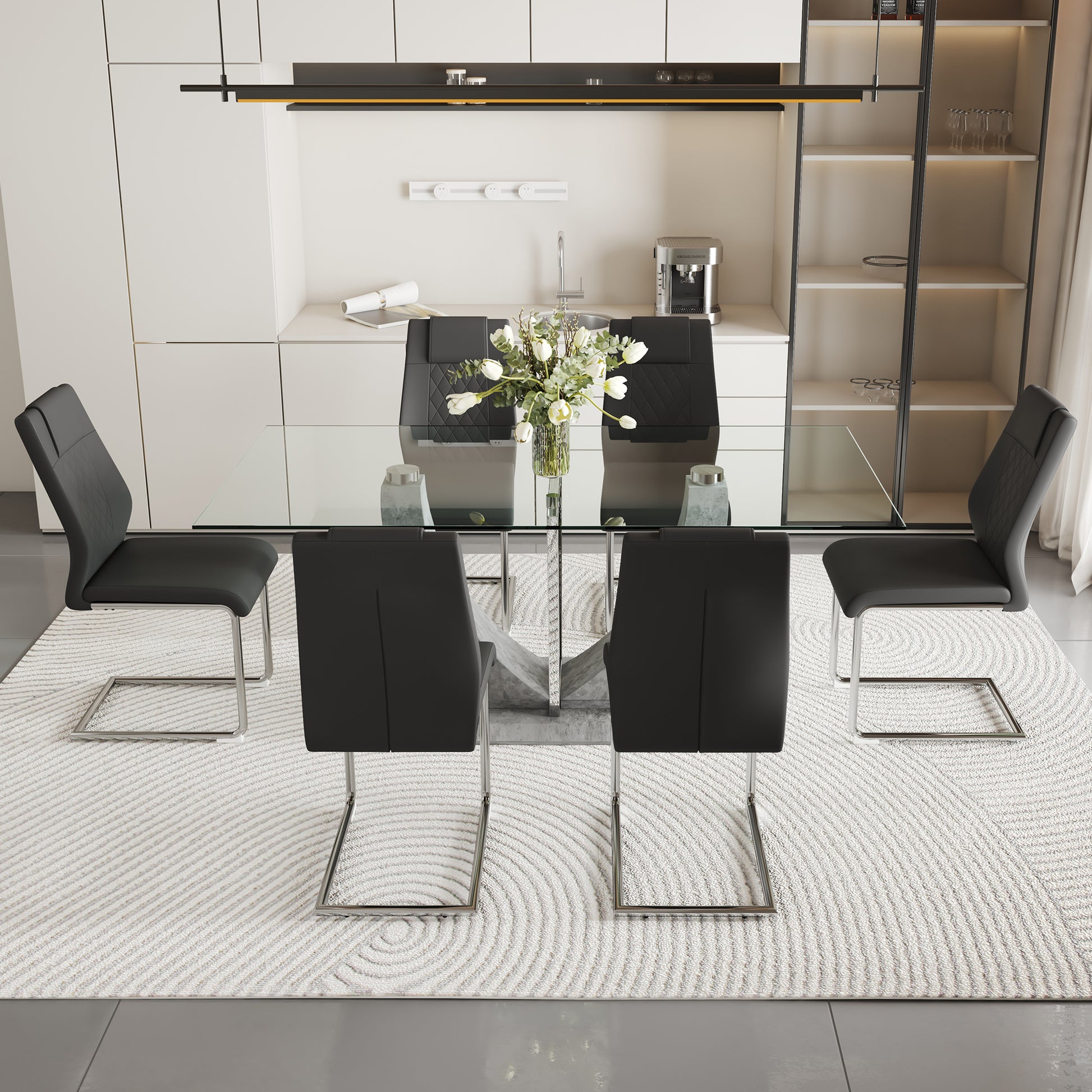 1 Table And 6 Chairs Set.Large Rectangular Table, Equipped With 0.39 Inch Tempered Glass Table Top And Mdf Table Legs.Paired With 6 Chairs With Faux Leather Padded Seats And Metal Legs.F 907,C 001 Transparent Mdf Glass