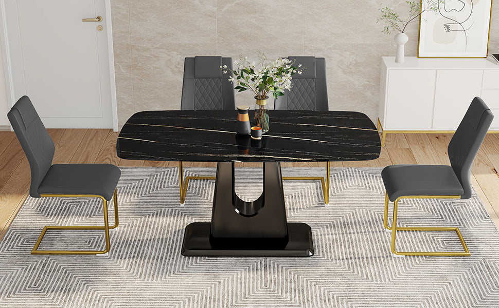 Table And Chair Set, Minimalist Dining Table, Imitation Marble Patterned Glass Tabletop, Mdf Legs With U Shaped Brackets. Paired With Comfortable Chairs, Suitable For Dining And Living Rooms. Black Gold Mdf Glass