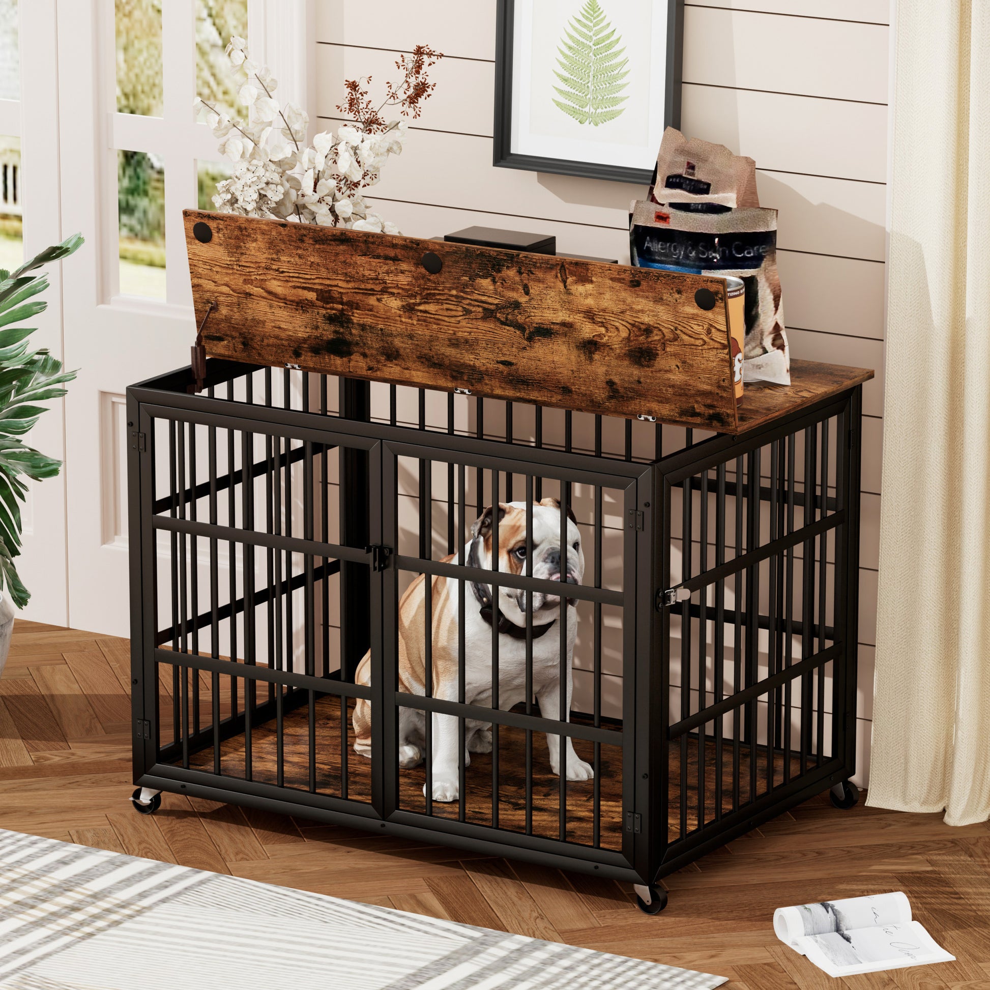 Furniture Style Dog Crate Wrought Iron Frame Door With Side Openings, Rustic Brown, 38.4''W X 27.7''D X 30.2''H. Rustic Brown Particle Board