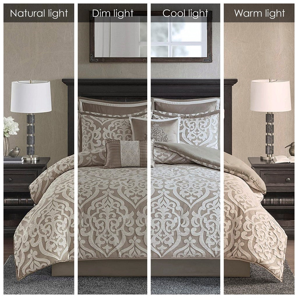 8 Piece Jacquard Comforter Set Tan Ivory Queen Queen Tan Ivory Polyester
