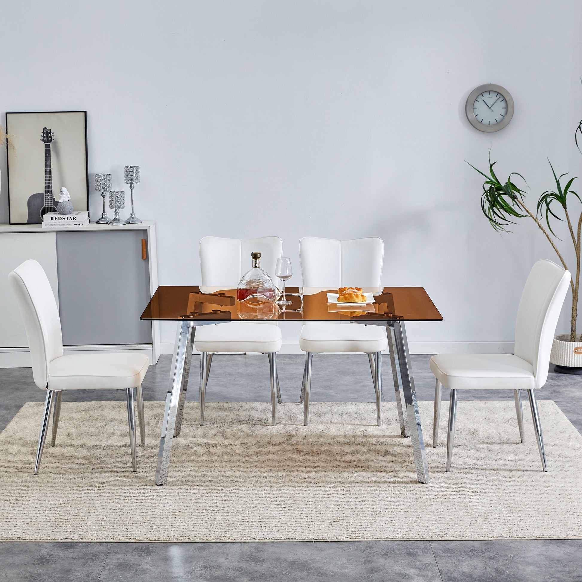 Table And Chair Set. Large Modern Rectangular Table With Brown Glass Top And Silver Metal Legs. It Comes With Soft And Comfortable Pu Seats, Faux Leather Upholstered Seats And Silver Metal Legs. Brown,White Seats 4 Glass Metal