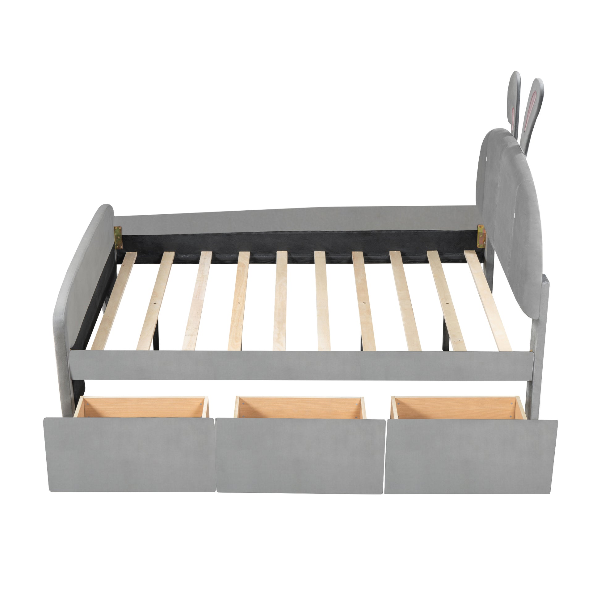 Full Size Velvet Platform Bed With Rabbit Shaped Headboard, With Drawers, With Bed End Storage Pocket, Gray Full Gray Plywood