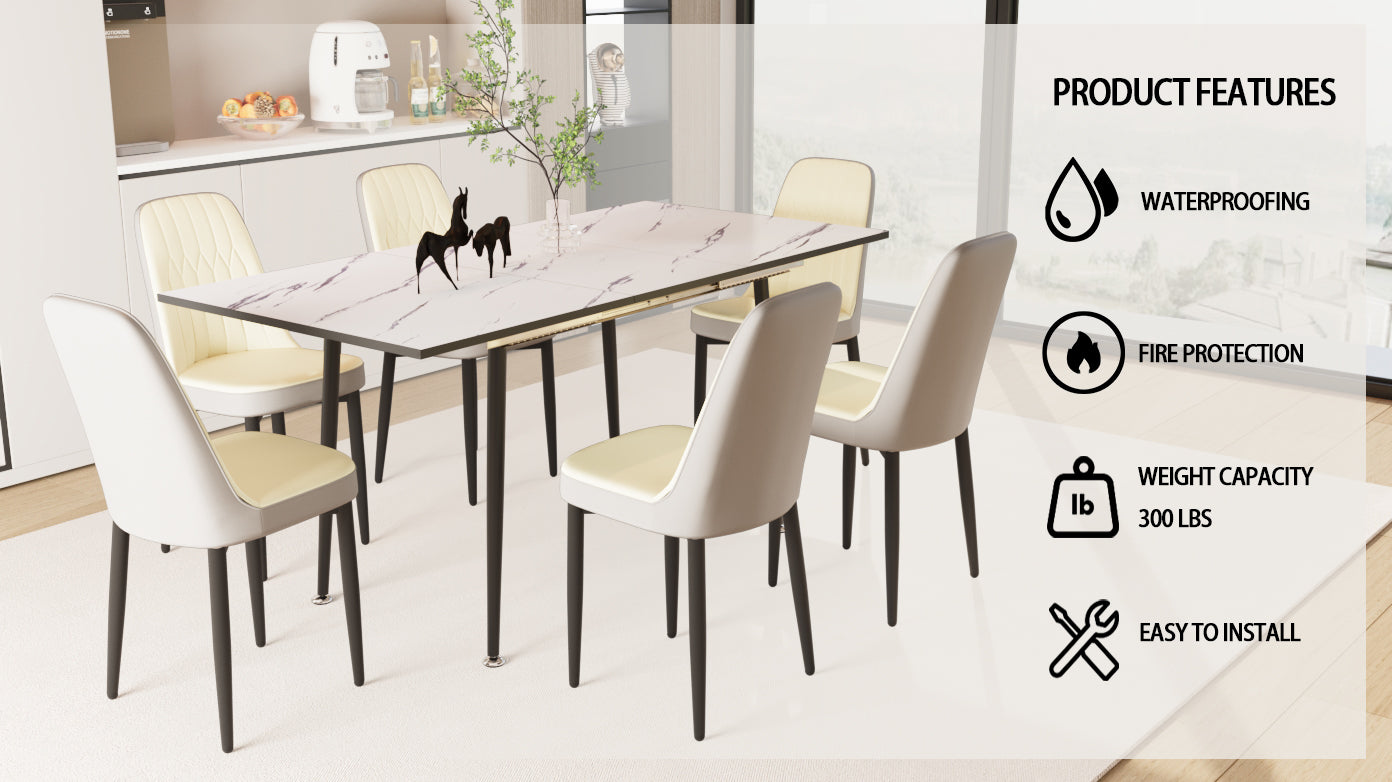 47" 63" Expandable Dining Table Set For 2 6 People, Equipped With Pu Fabric Thick Cushioned Dining Chair And An Elegant And Spacious Dining Tablekitchen Table And Chair Set, With Black Metal Legs