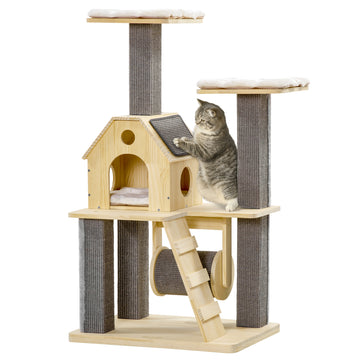 Pawhut Cozy House Cat Tree For Indoor Cats With Pillow Covered Perches, Spinning Toy, Modern Climbing Activity Cat Tower With Scratching Posts, Cat Condo, Ladder, Natural Natural Wood Pine