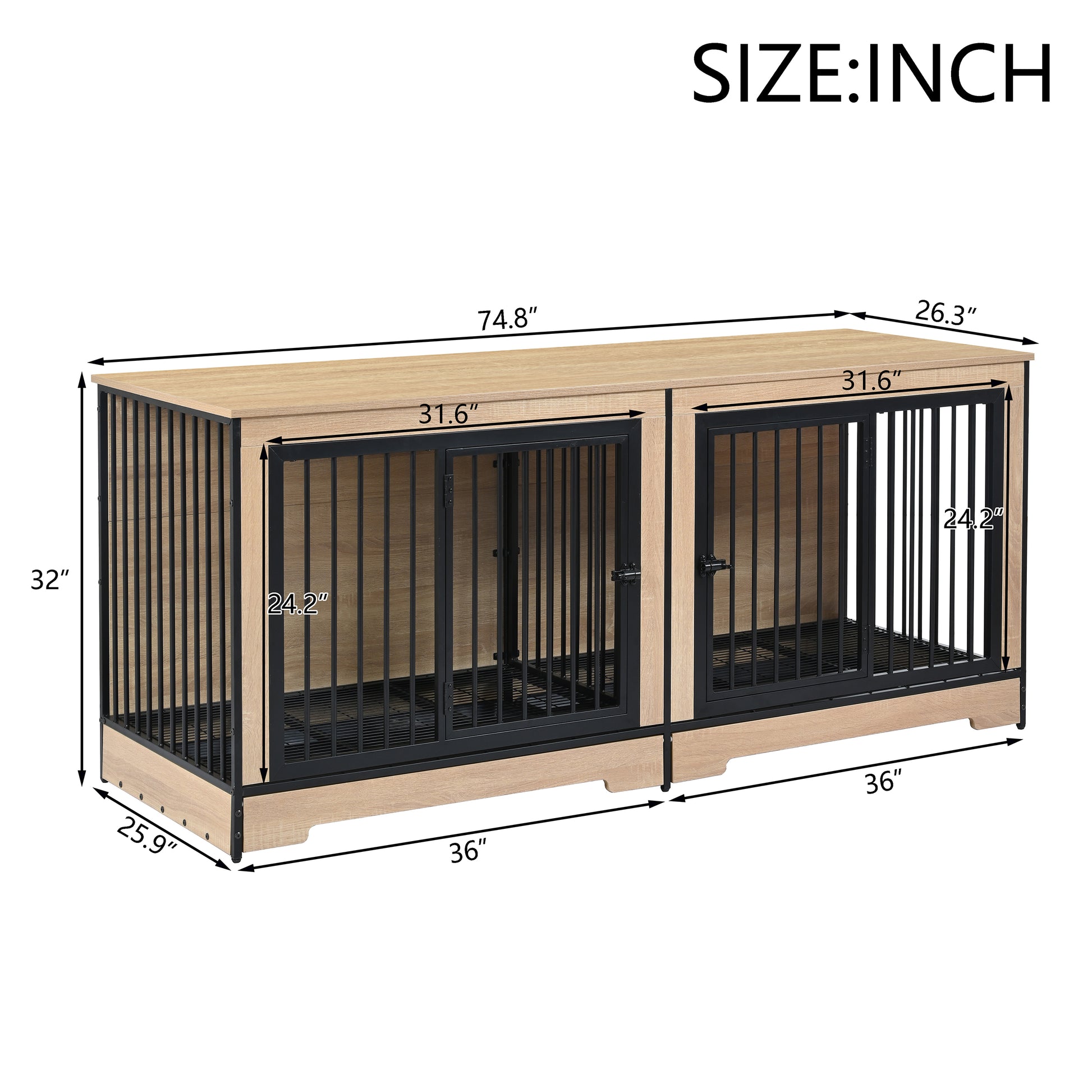 Dog Crate Furniture With Two Combined Room, Xl Large Double Dog Cage F