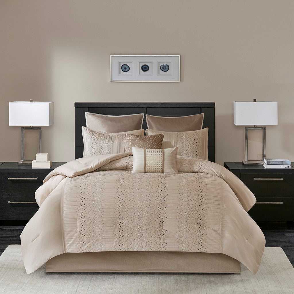 8 Piece Embroidered Comforter Set Natural Queen Queen Beige Polyester