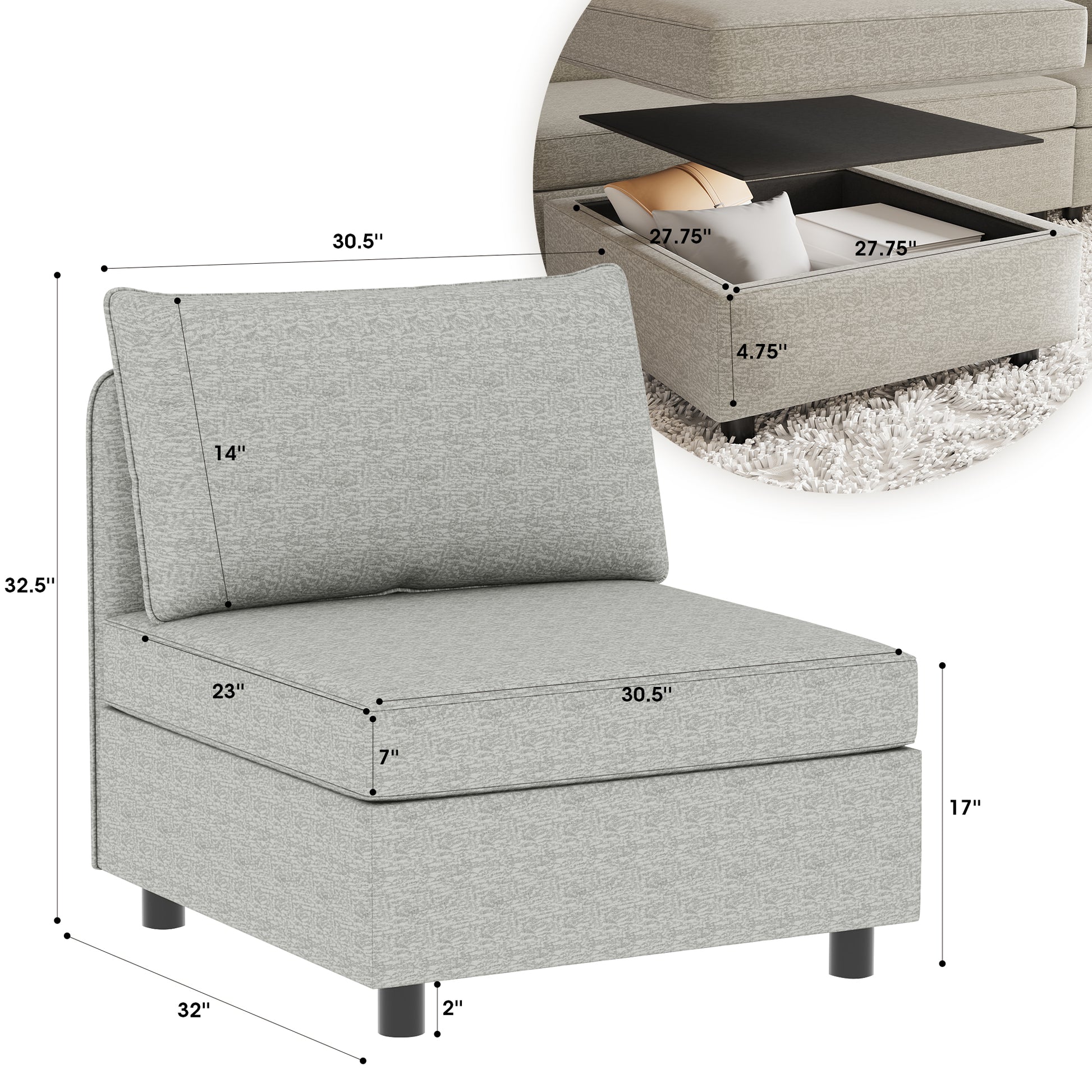 Armless Seat For Modular Sectional Sofa, Convertible Sofa Seat With Storage, Sleeper Sectional Sofa Set, Fabric Flexible Modular Combinations For Living Room 2Pcs Grey Fabric 1 Seat