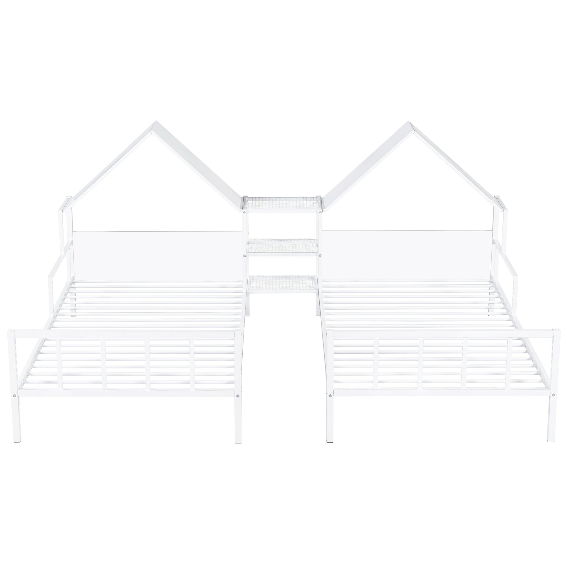 Metal Double Twin Size Platform Bed With House Shaped Headboard And A Built In Nightstand, White Box Spring Not Required Twin White Metal Metal