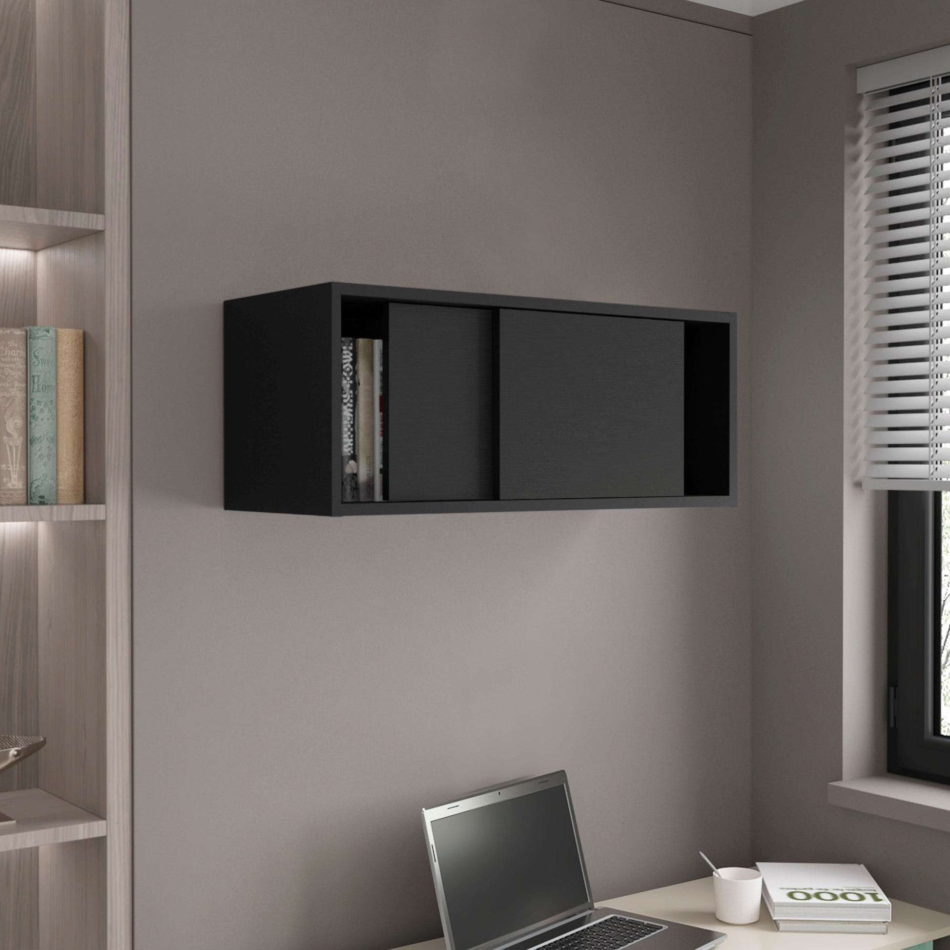 Wall Cabinet 13" H, 2 Sliding Doors, 1 Shelf, Black Black Solid Wood Mdf Engineered Wood