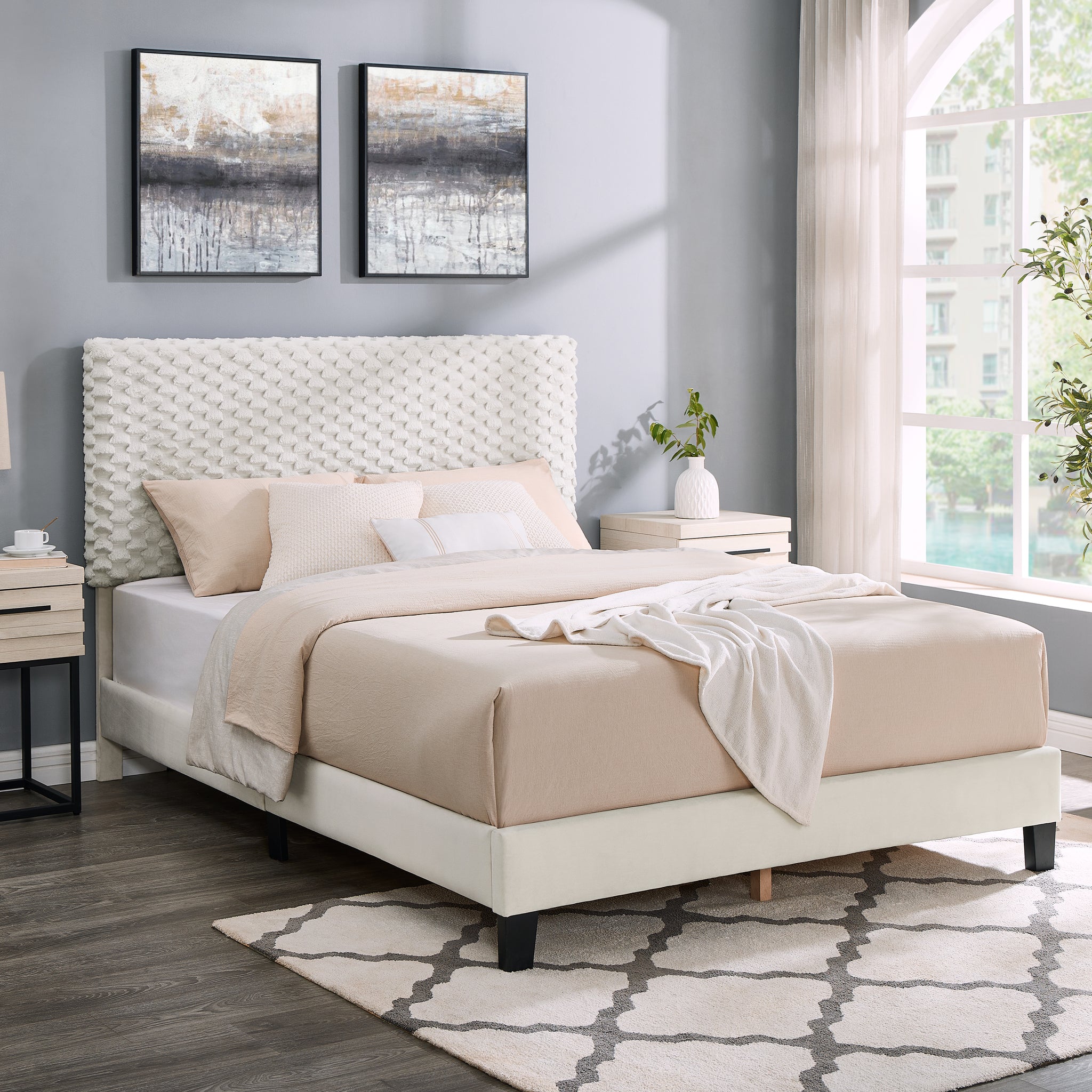 Findlay Plush 3D Upholstered Platform Bed In White Dove Box Spring Not Required Full Off White Wood Nature Bedroom Contemporary,Modern Rubberwood Bed Frame Foam Polyester Fabric,Mdf,Upholstered