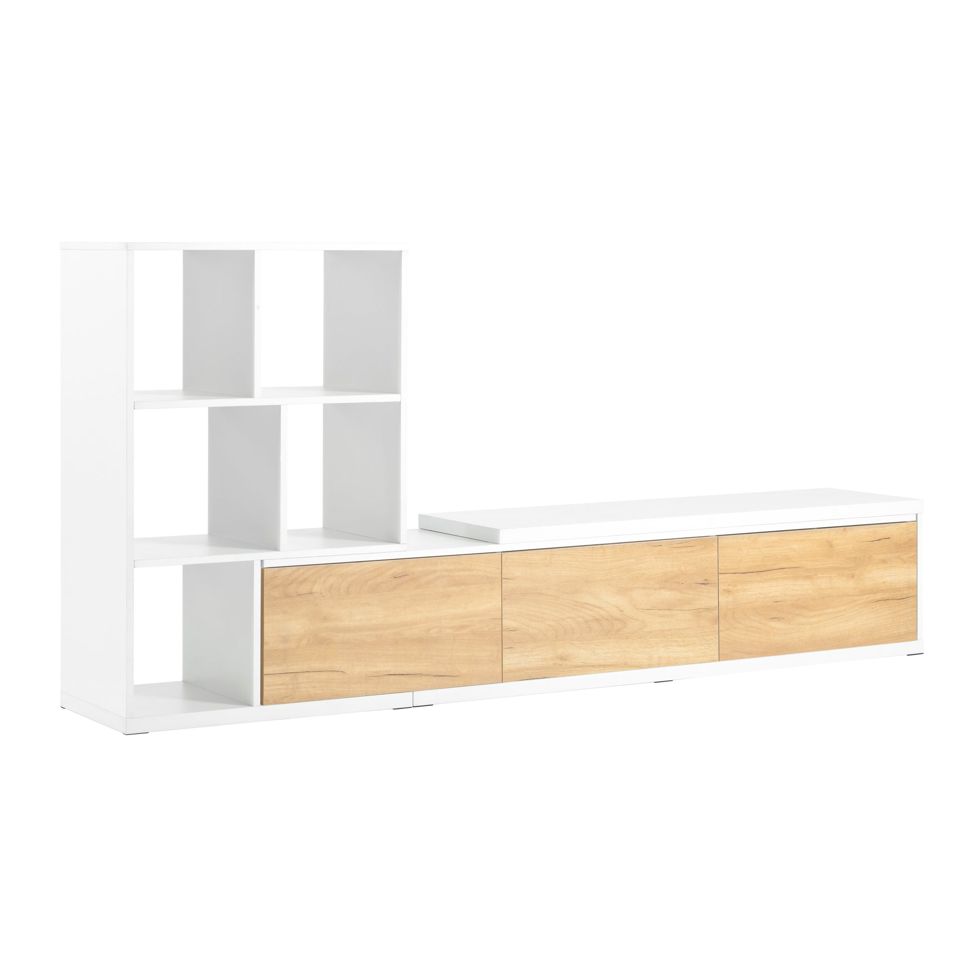 74.8'' 126'' Extendable Tv Stand With 3 Tier Bookshelves For Tvs Up To 110'', Adjustable Entertainment Center With Storage Cabinets, Sliding Tabletop Media Console For Living Room, White White Primary Living Space 90 Inches Or Larger Particle Board Mdf